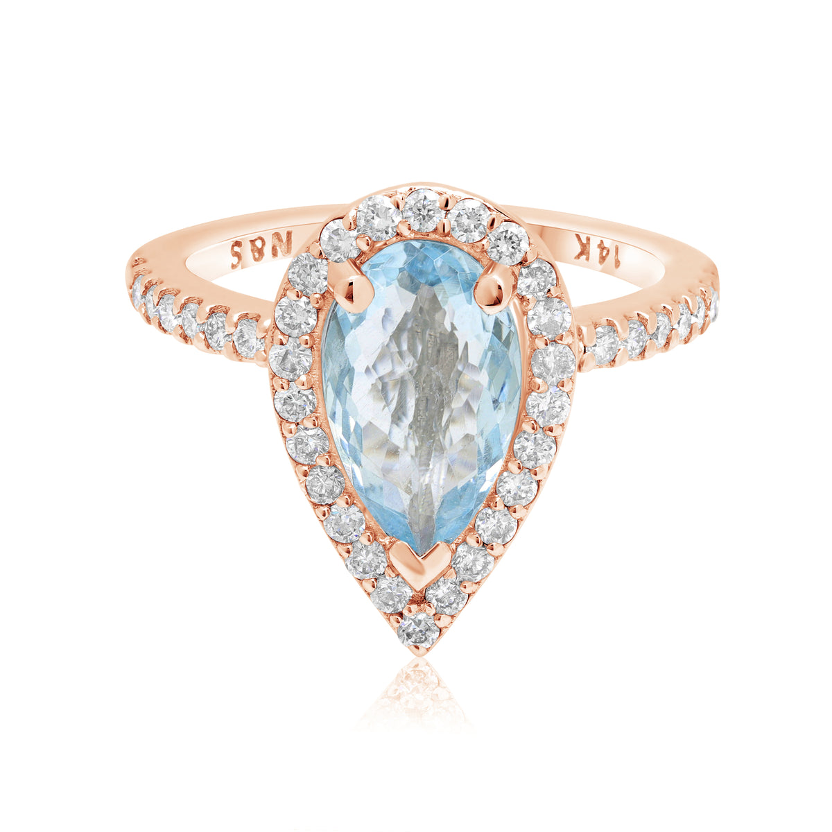 10x7mm 1.8-2.0 CT Pear Cut Aquamarine Diamond Halo 14K Gold Ring BSAQ4