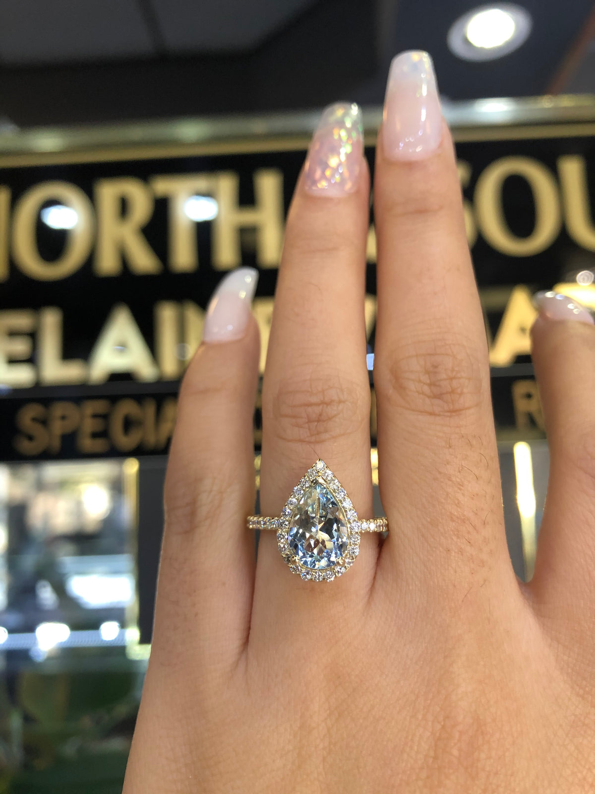 10x7mm 1.8-2.0 CT Pear Cut Aquamarine Diamond Halo 14K Gold Ring BSAQ4