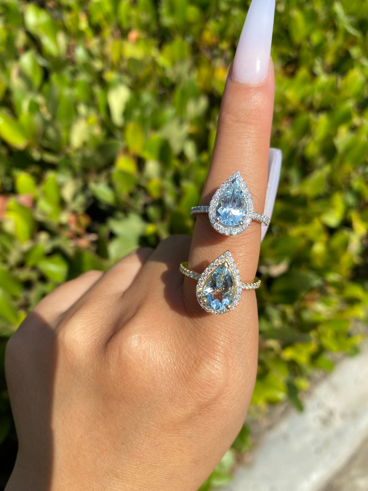 10x7mm 1.8-2.0 CT Pear Cut Aquamarine Diamond Halo 14K Gold Ring BSAQ4