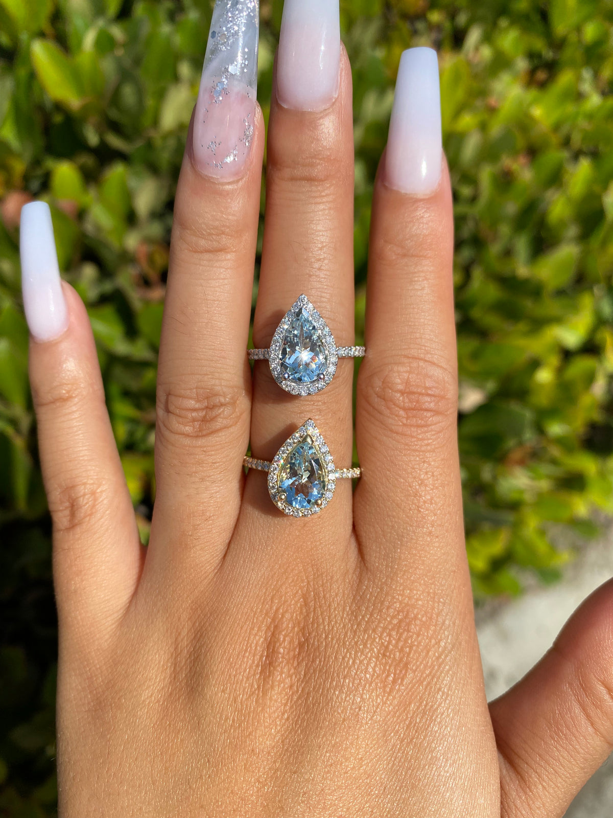 10x7mm 1.8-2.0 CT Pear Cut Aquamarine Diamond Halo 14K Gold Ring BSAQ4