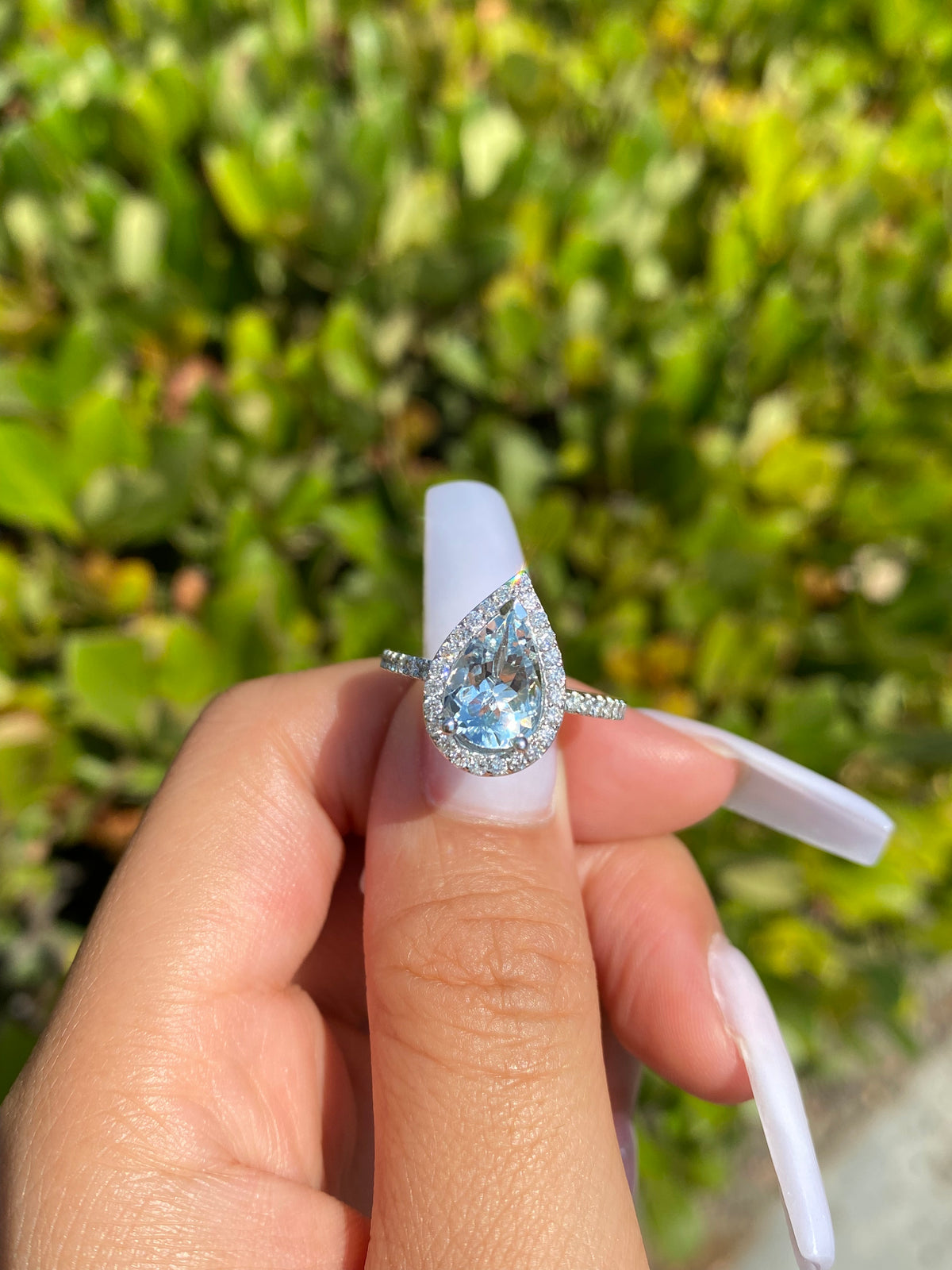 10x7mm 1.8-2.0 CT Pear Cut Aquamarine Diamond Halo 14K Gold Ring BSAQ4