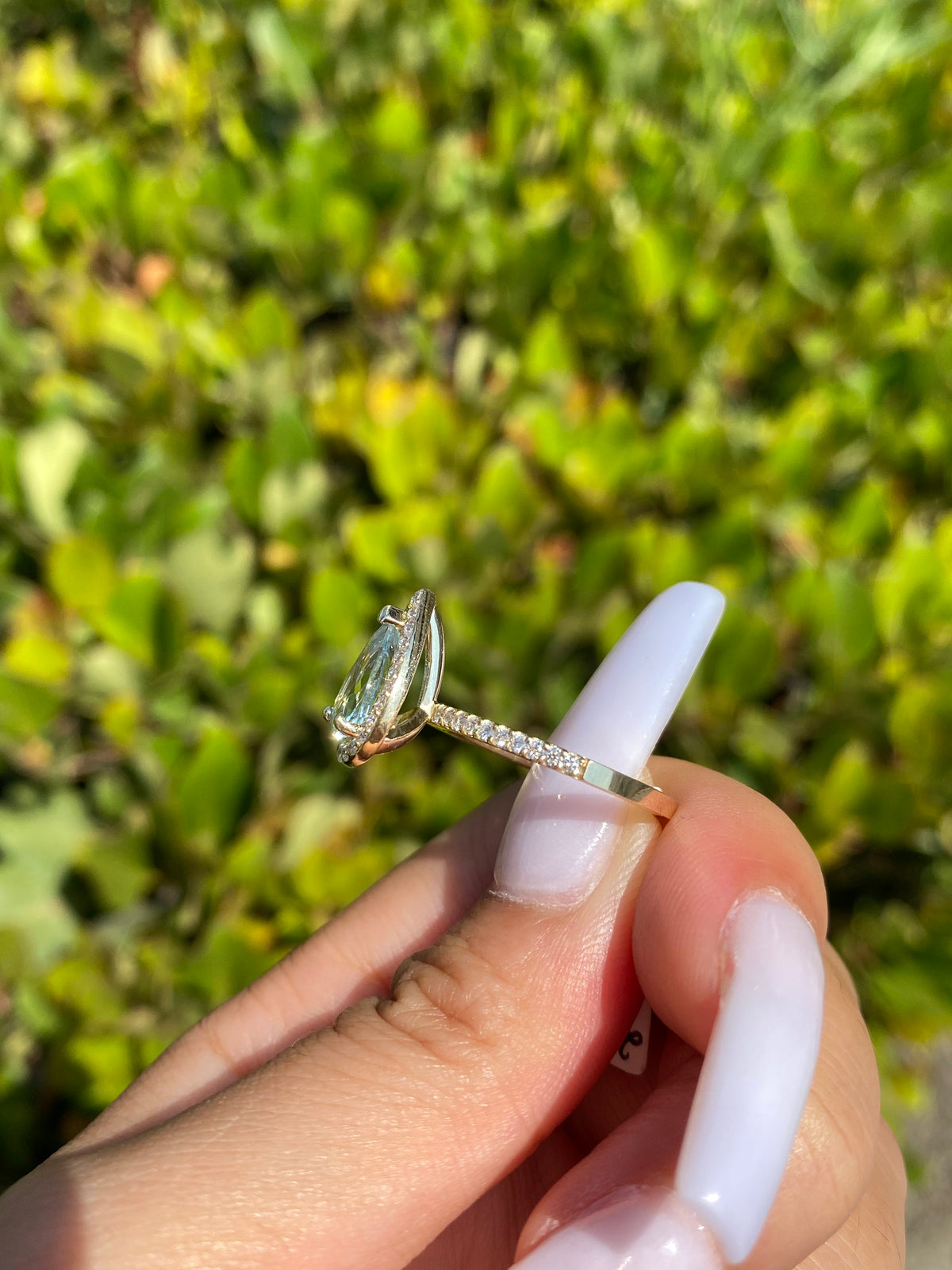 10x7mm 1.8-2.0 CT Pear Cut Aquamarine Diamond Halo 14K Gold Ring BSAQ4