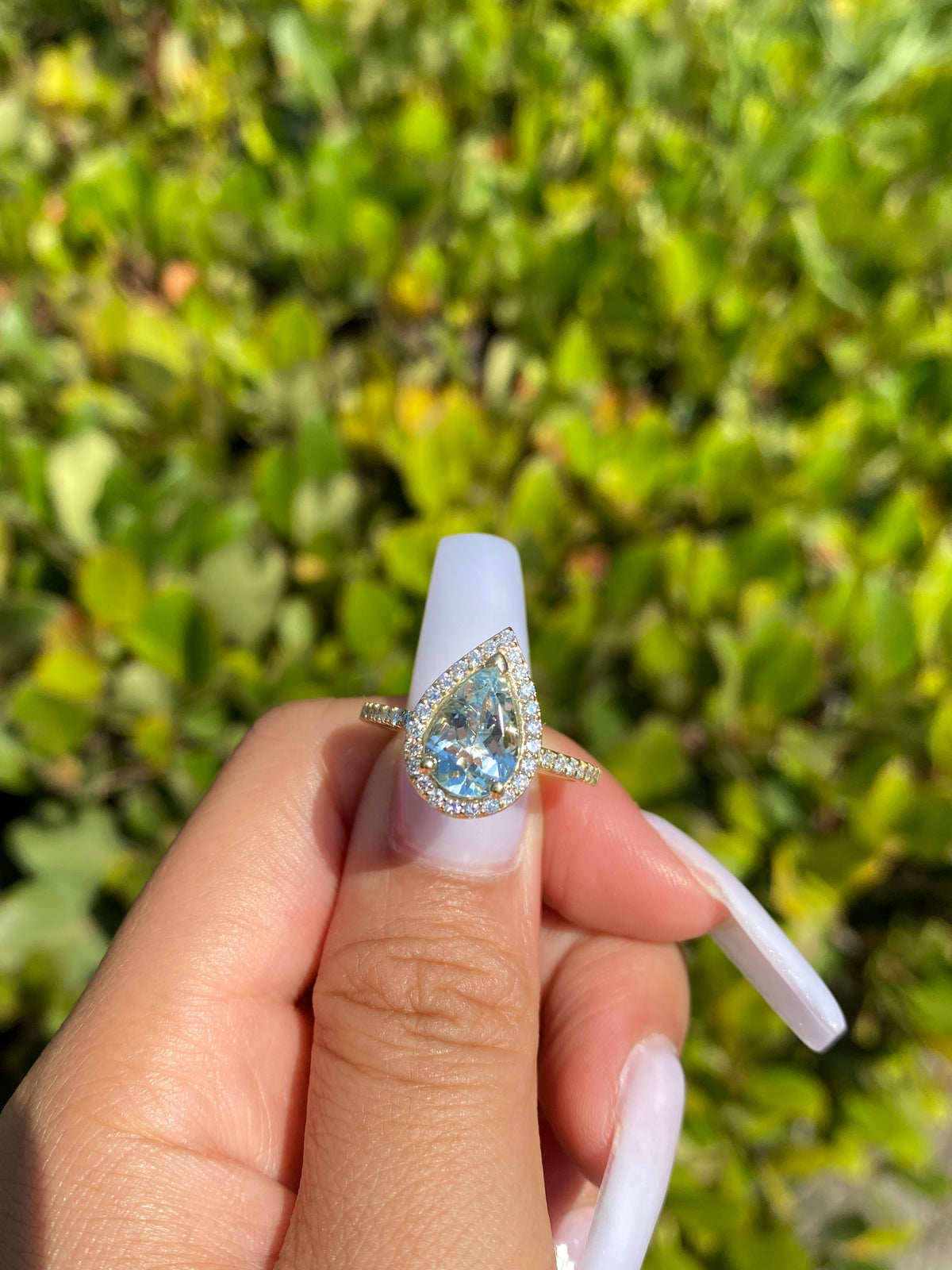 10x7mm 1.8-2.0 CT Pear Cut Aquamarine Diamond Halo 14K Gold Ring BSAQ4