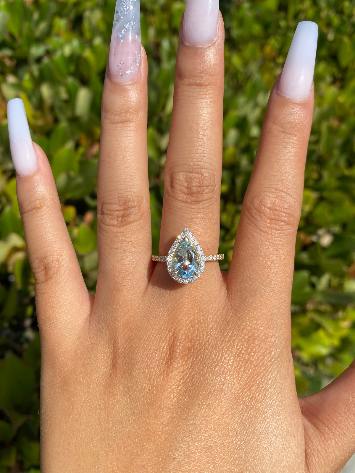 10x7mm 1.8-2.0 CT Pear Cut Aquamarine Diamond Halo 14K Gold Ring BSAQ4