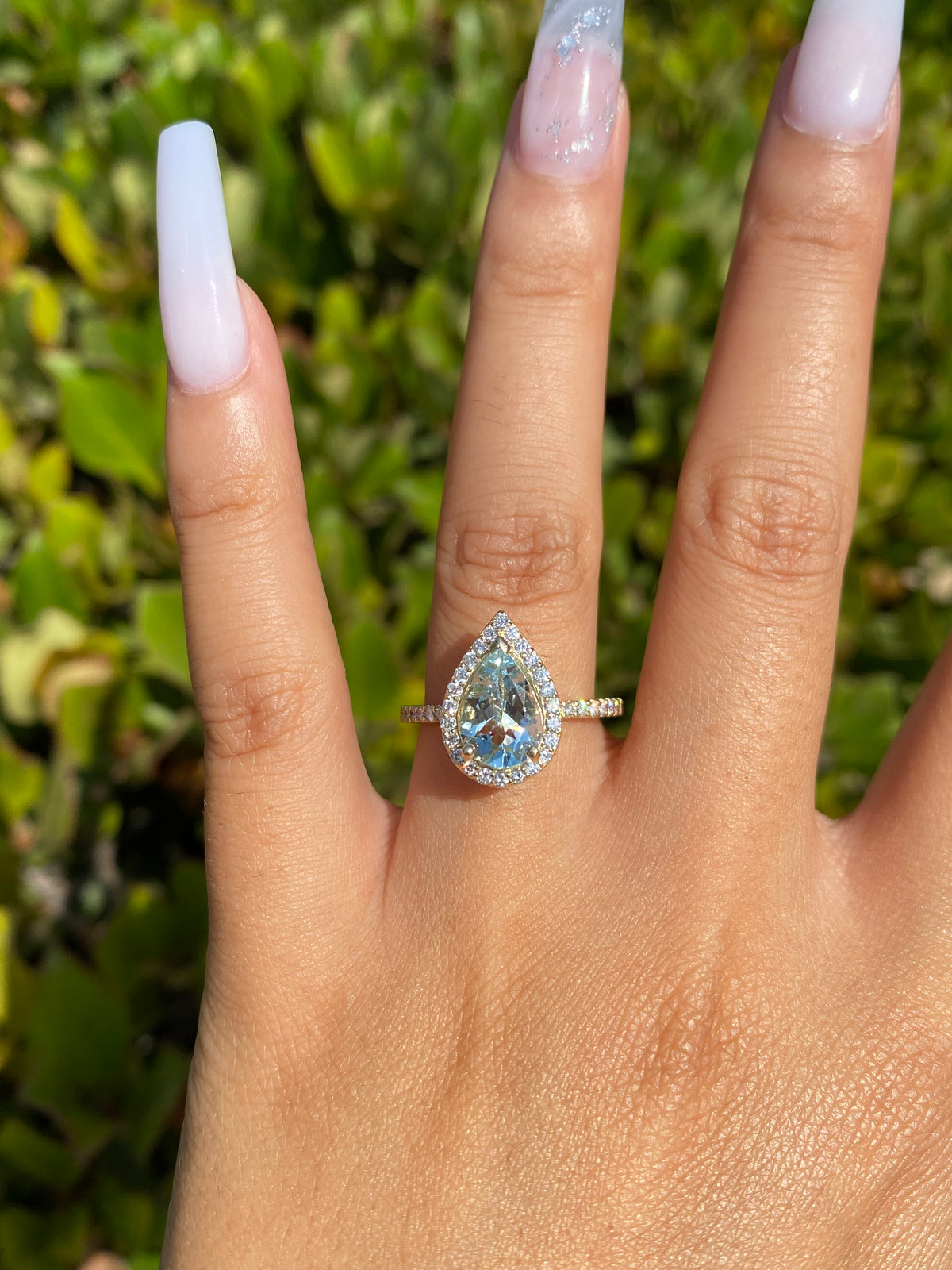 10x7mm 1.8-2.0 CT Pear Cut Aquamarine Diamond Halo 14K Gold Ring BSAQ4