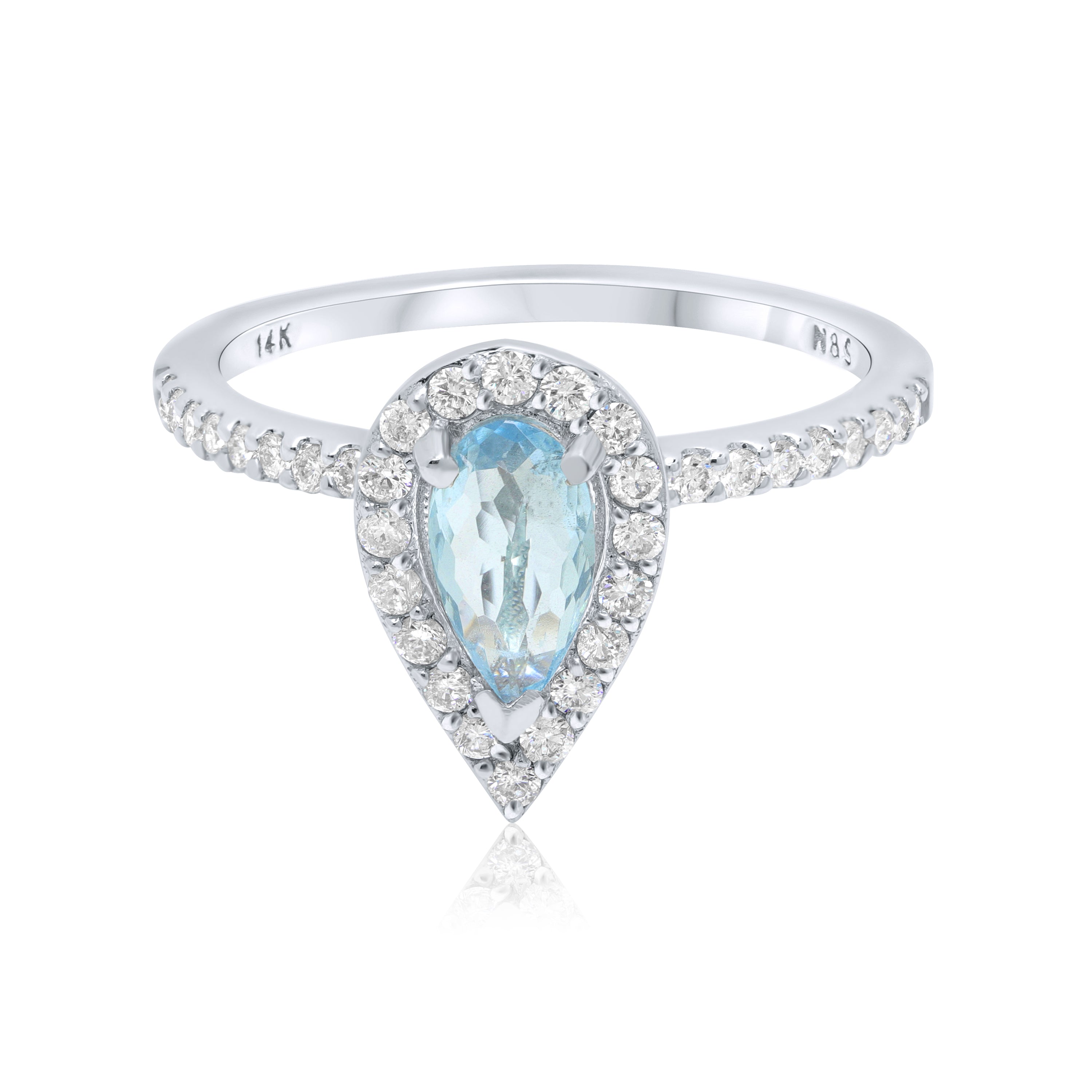 7x5mm 0.5-0.6 CT Pear Cut Aquamarine Diamond Halo 14K Gold Ring 