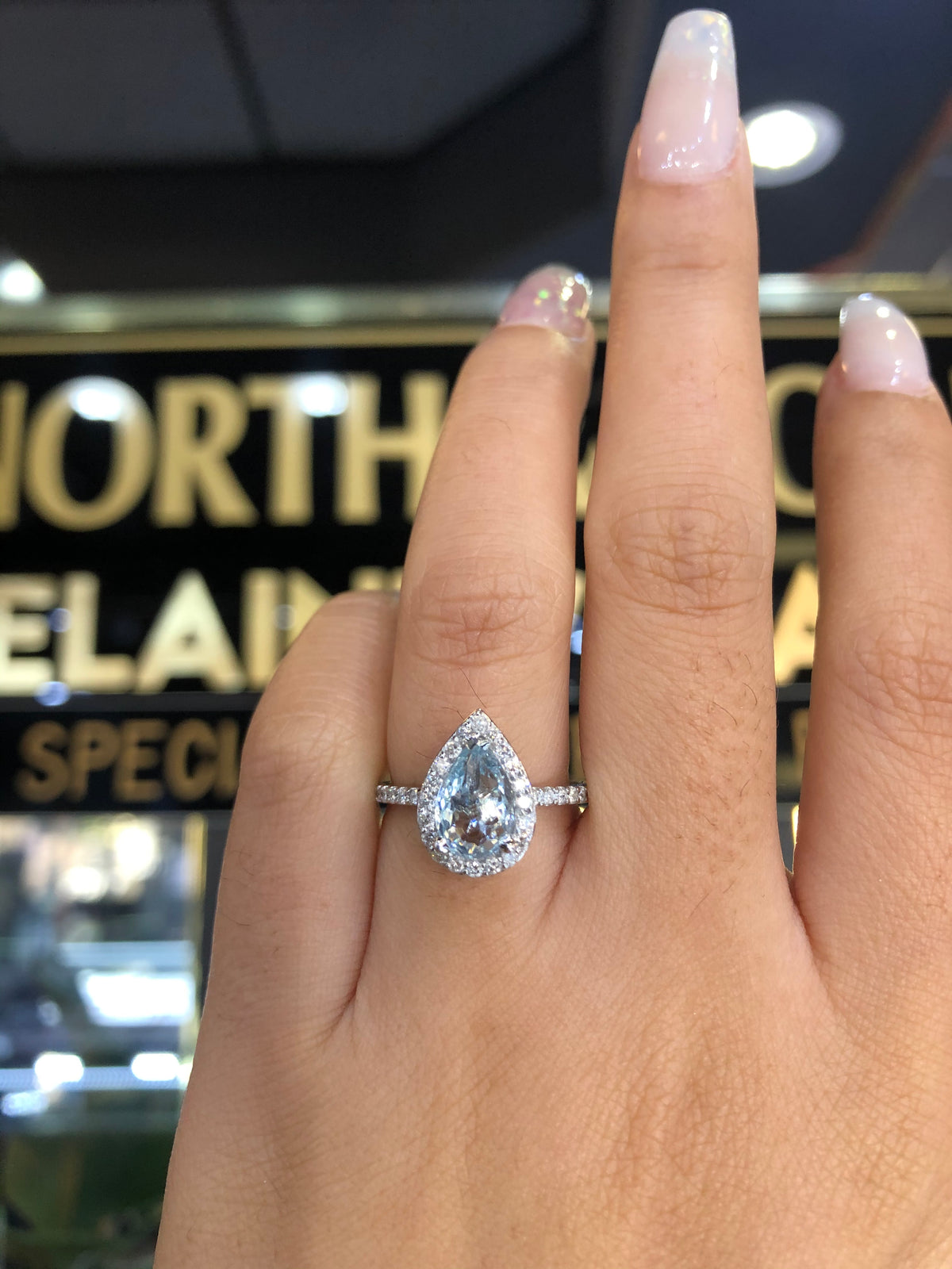 7x5mm 0.5-0.6 CT Pear Cut Aquamarine Diamond Halo 14K Gold Ring BSAQ1