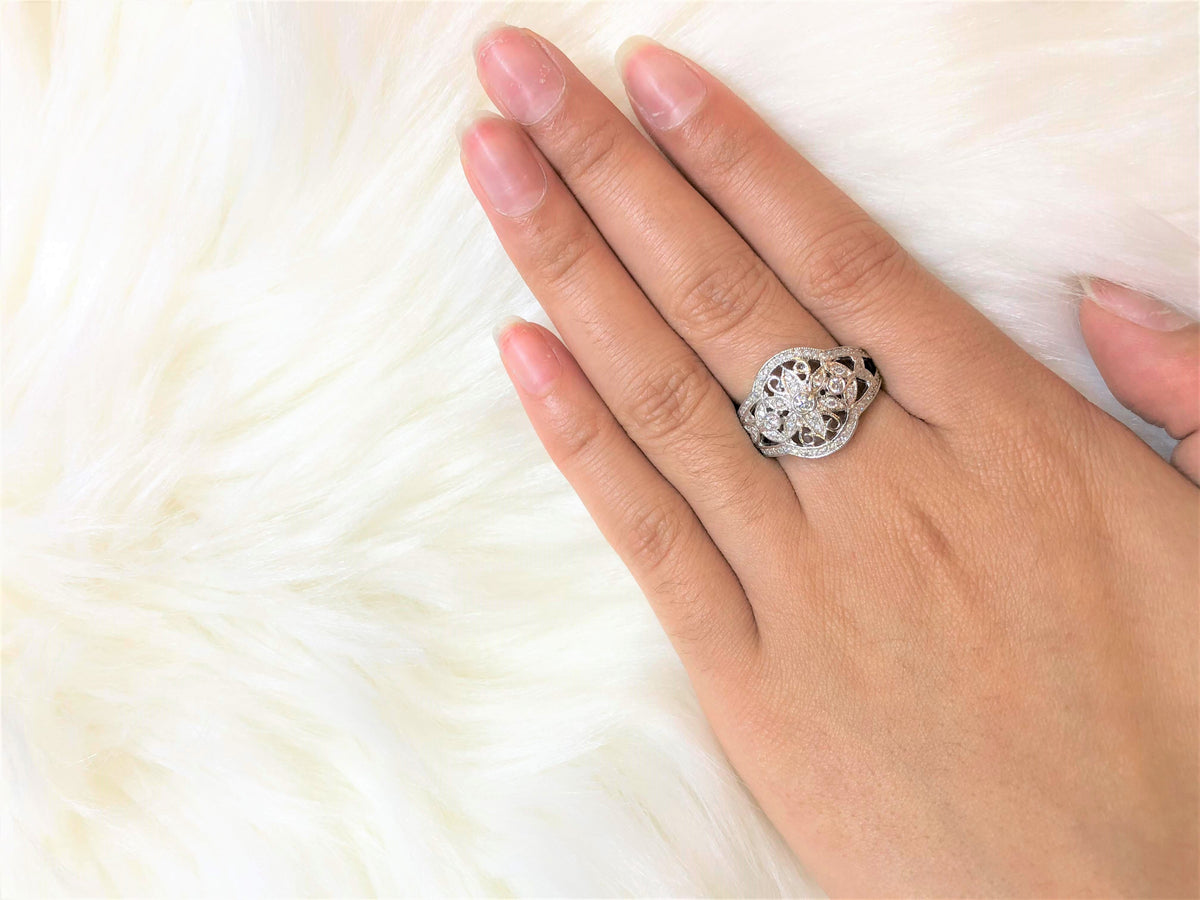 Floral Wide Diamond Anniversary Band 0.63 ct tw Round-cut 14K White Gold BAN028 - NorthandSouthJewelry