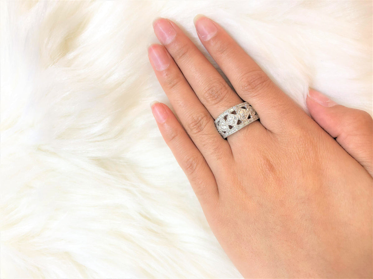 Milgrain Heart Diamond Anniversary Band 0.68 ct tw Round-cut 14K White Gold BAN040 - NorthandSouthJewelry