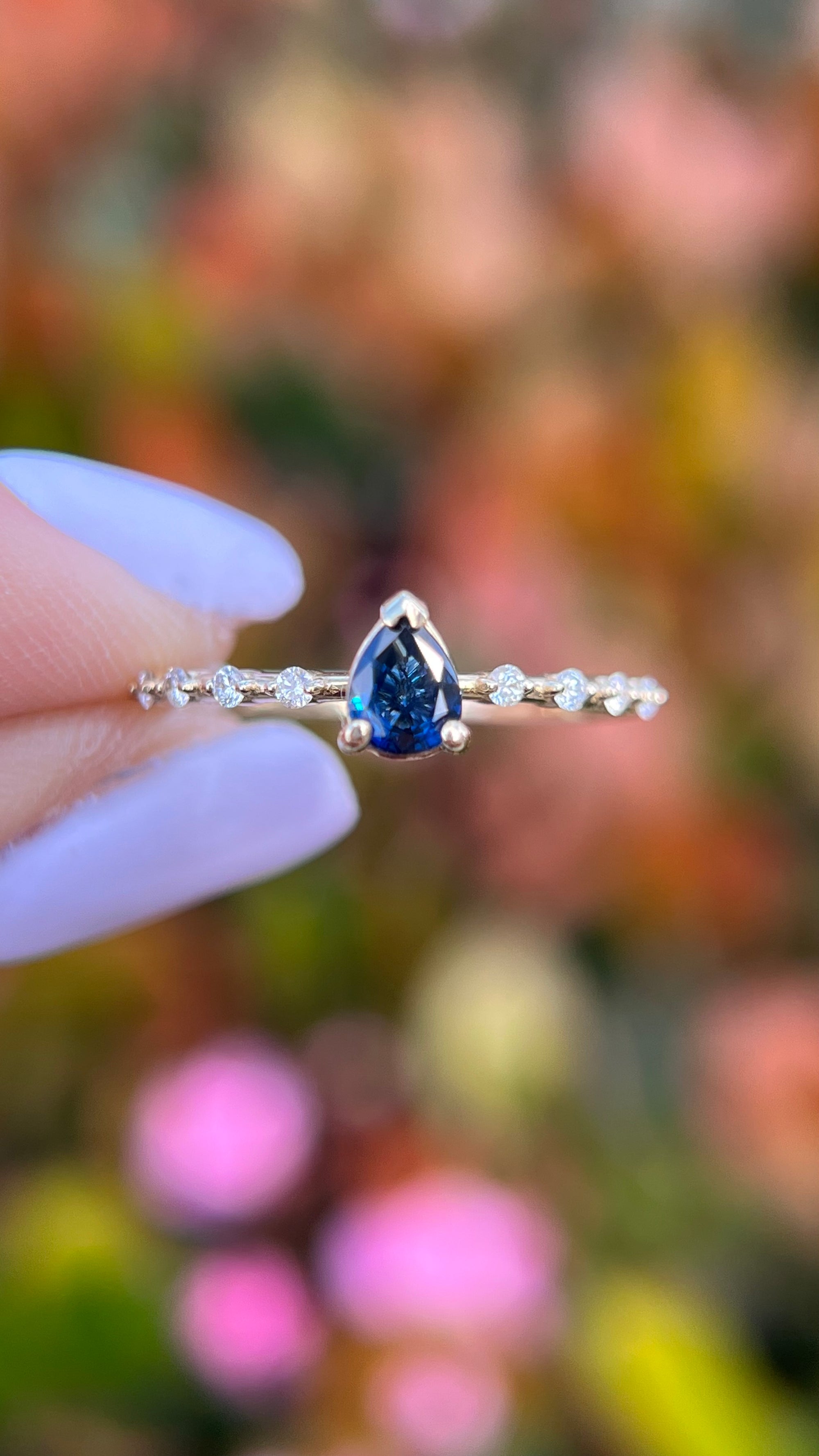 Bella 5x4mm 0.35ct Pear Blue Sapphire Spaced Diamond Ring 14K Gold DFR043