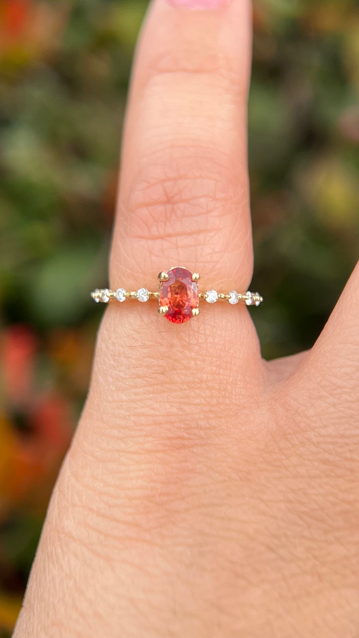 Bella 6x4mm 0.60ct Oval Orange Sapphire Underhalo Spaced Diamond Ring 14K Gold DFR054