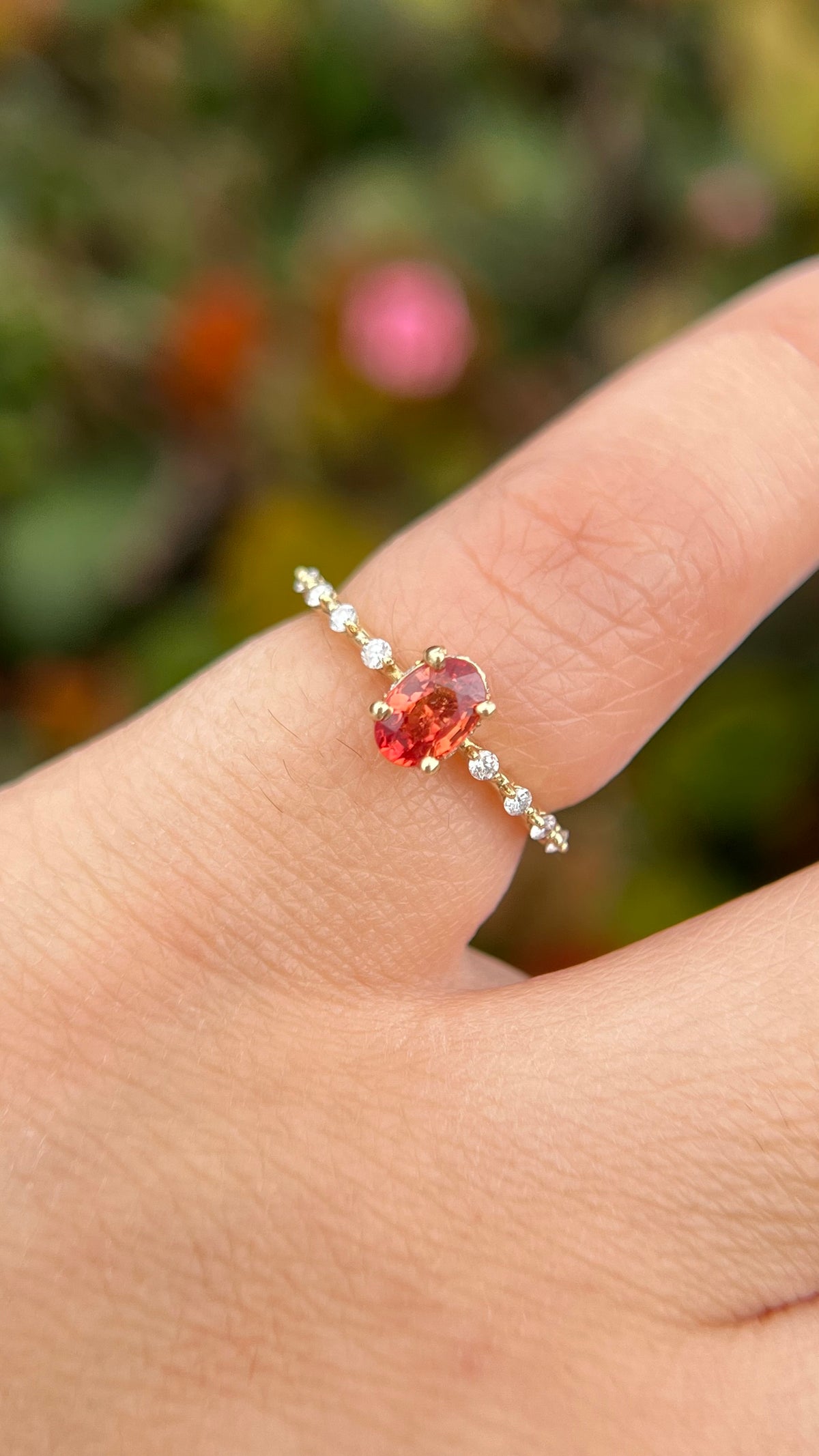 Bella 6x4mm 0.60ct Oval Orange Sapphire Underhalo Spaced Diamond Ring 14K Gold DFR054