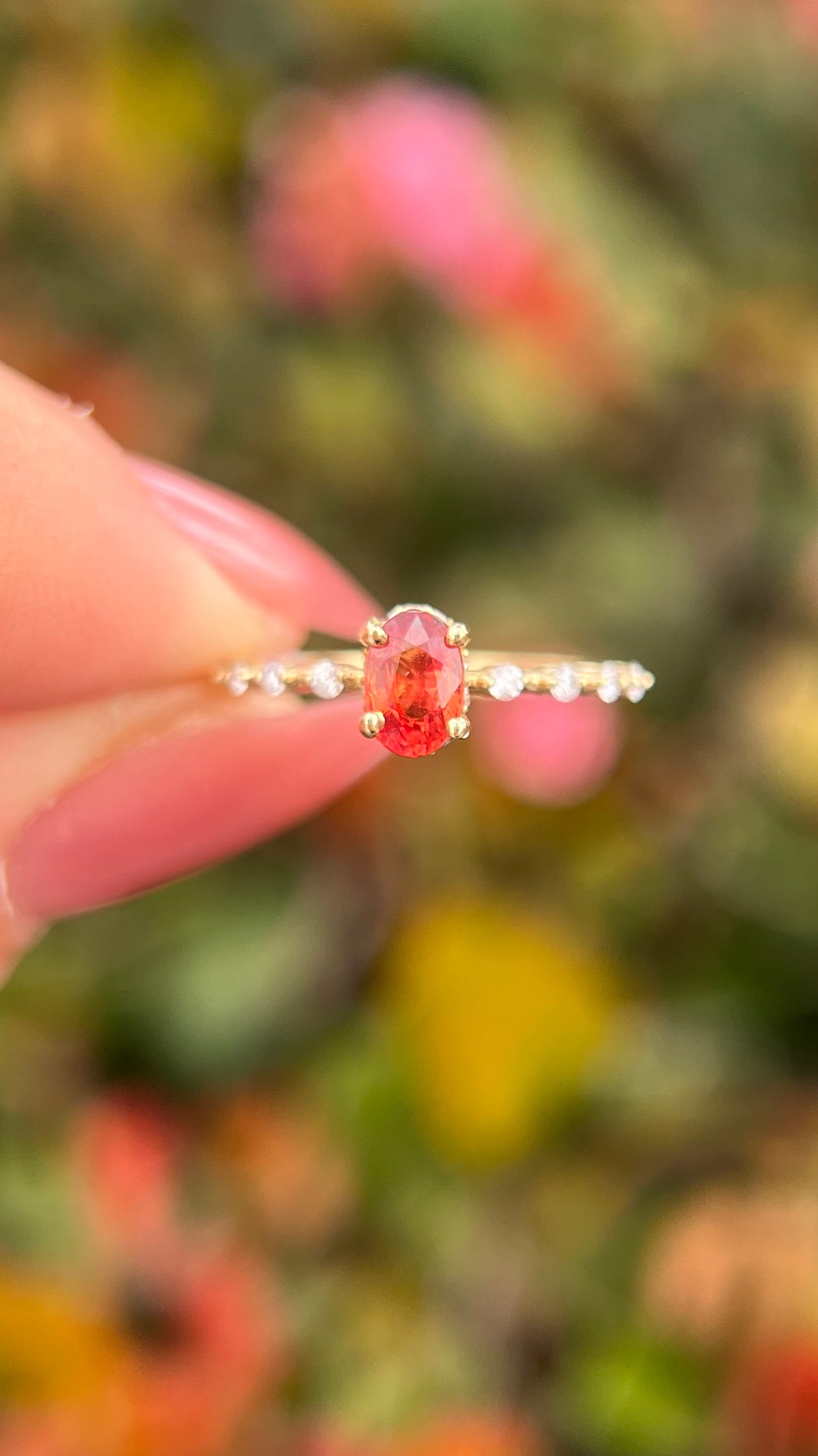 Bella 6x4mm 0.60ct Oval Orange Sapphire Underhalo Spaced Diamond Ring 14K Gold DFR054