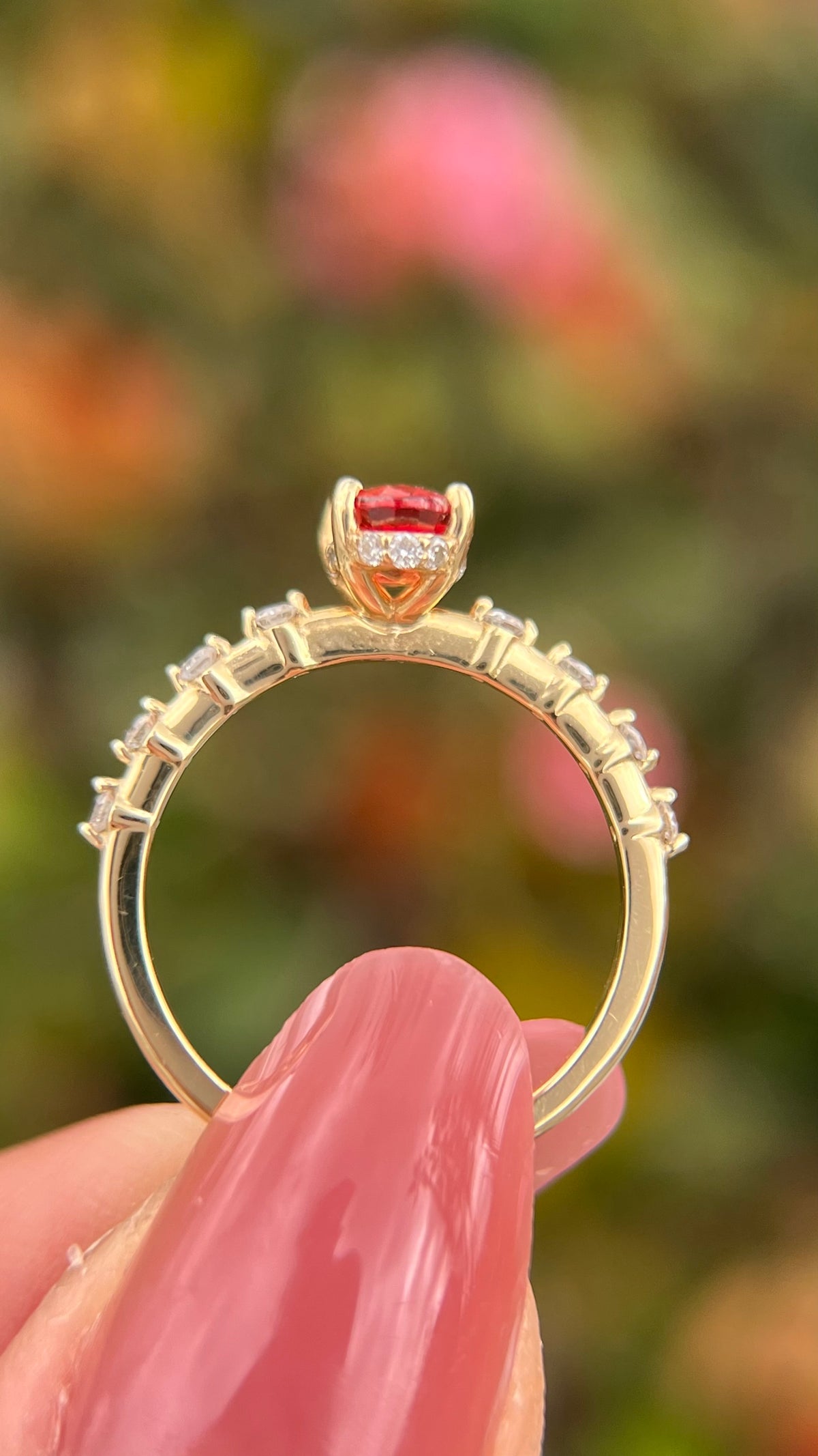 Bella 6x4mm 0.60ct Oval Orange Sapphire Underhalo Spaced Diamond Ring 14K Gold DFR054