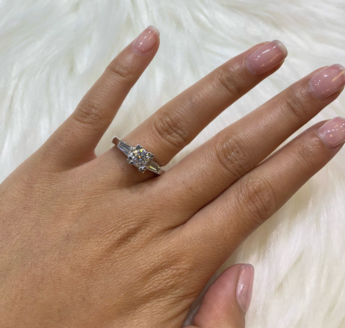 Three Stone Round/Baguette Diamond Engagement Ring 1.27 ct tw 950 Platinum DENG047 - NorthandSouthJewelry