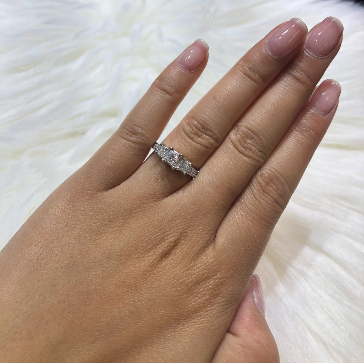 Three Stone Princess Diamond Engagement Ring 0.96 ct tw 14K White Gold DENG049 - NorthandSouthJewelry