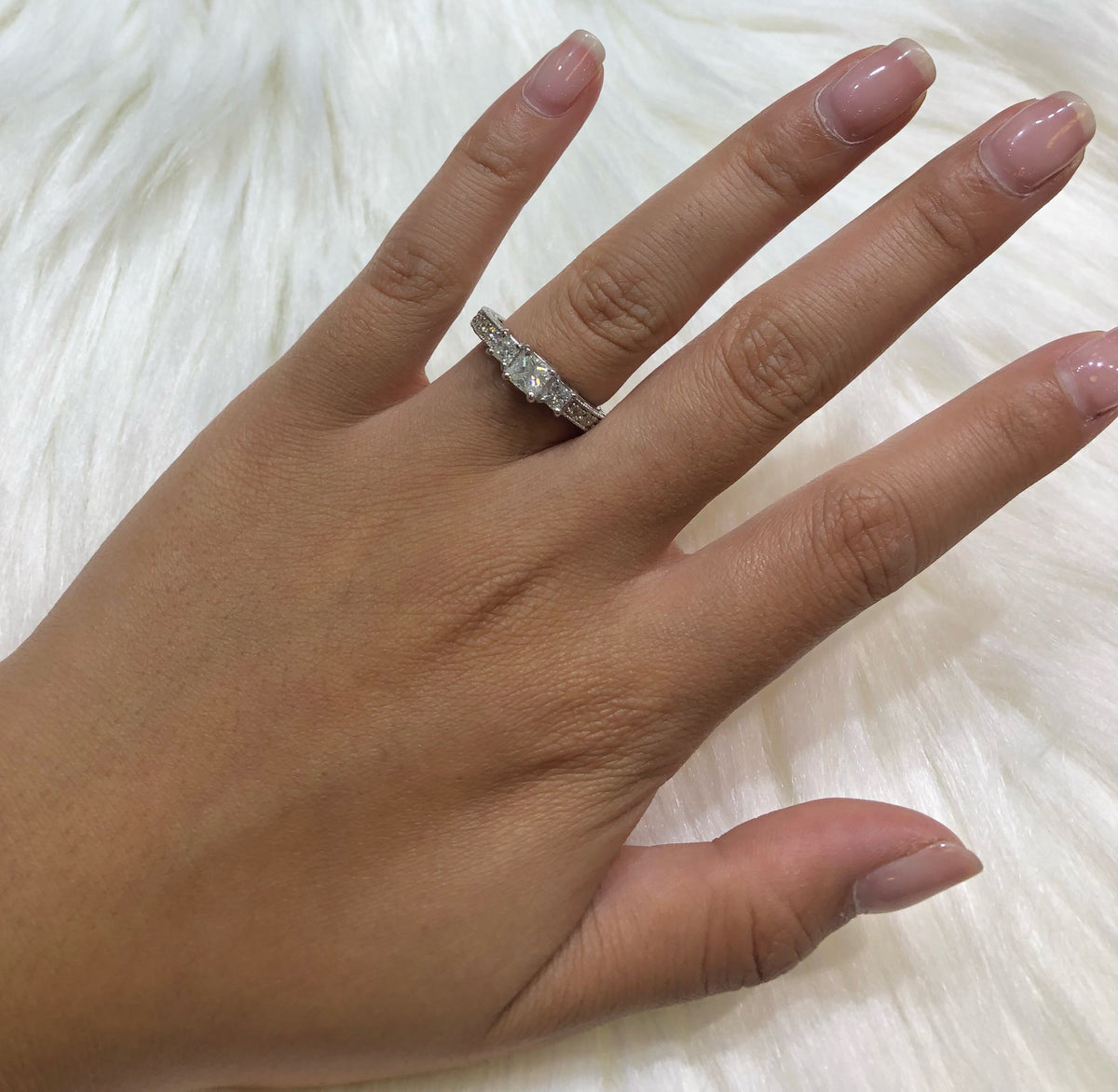 Three Stone Diamond Engagement Ring 0.98 ct tw 14K White Gold DENG051 - NorthandSouthJewelry