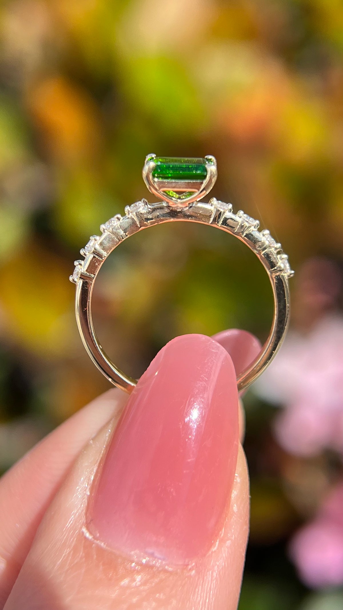 Bella 6x4mm 0.50ct East-West Emerald Cut Chrome Diopside Spaced Diamond Ring 14K Gold DFR060