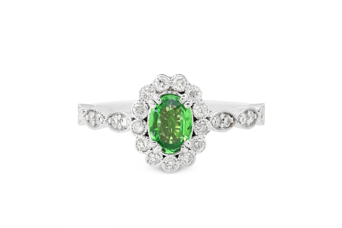 0.61 Oval Green Garnet Diamond Ring 0.39 CT TW 14K White Gold GRGR001 - NorthandSouthJewelry