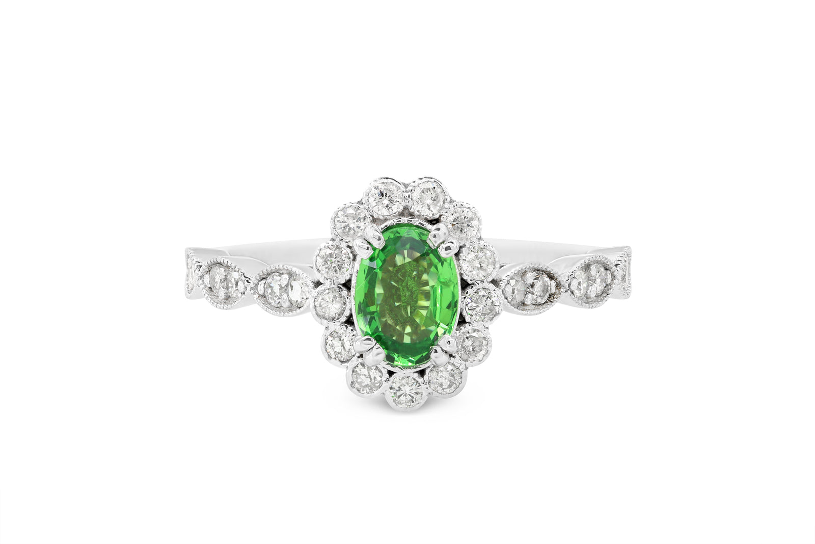 0.61 Oval Green Garnet Diamond Ring 0.39 CT TW 14K White Gold GRGR001 - NorthandSouthJewelry