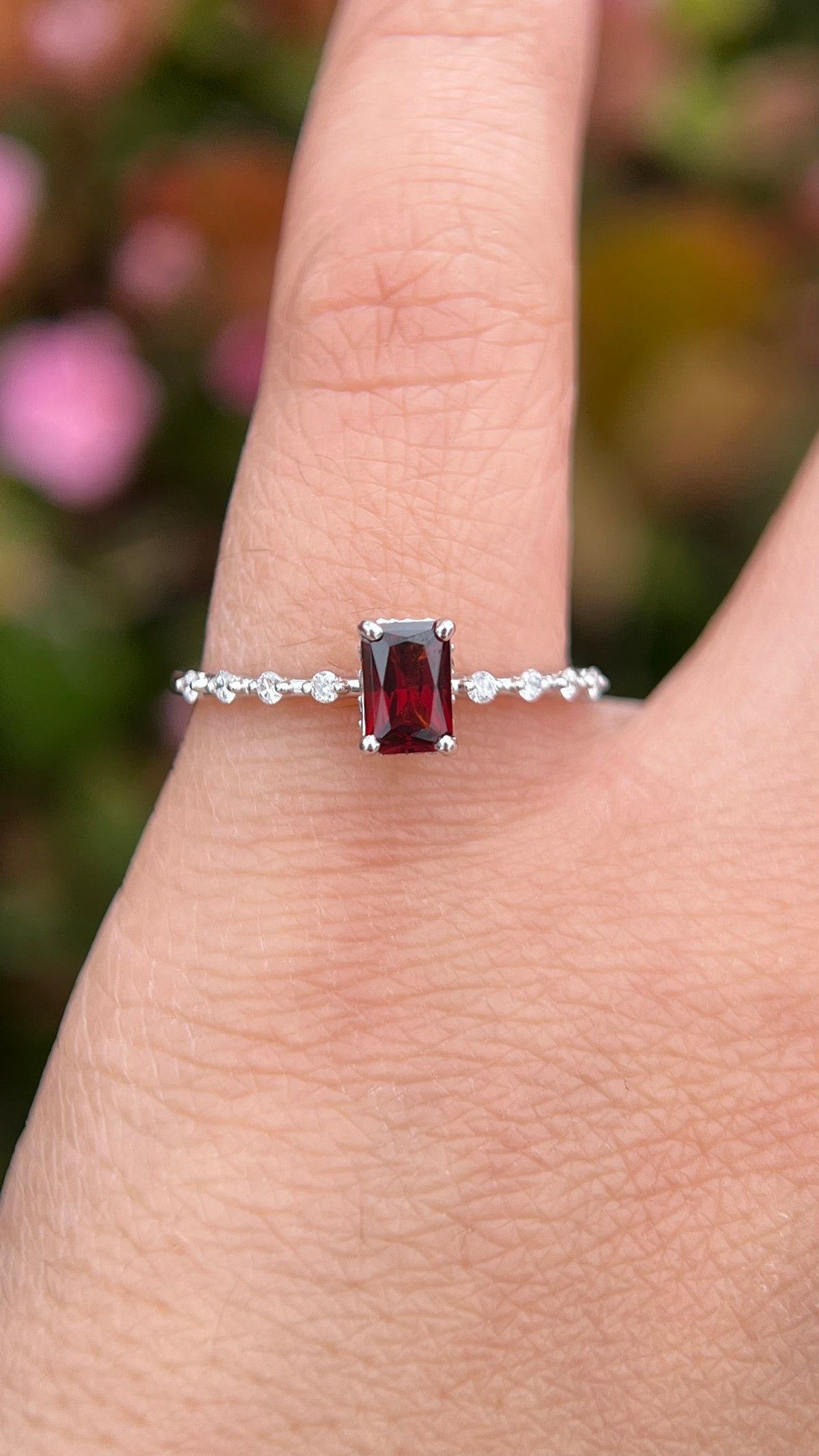 Bella 6x4mm 0.50ct Radiant Cut Garnet Underhalo Spaced Diamond Ring 14K Gold DFR047