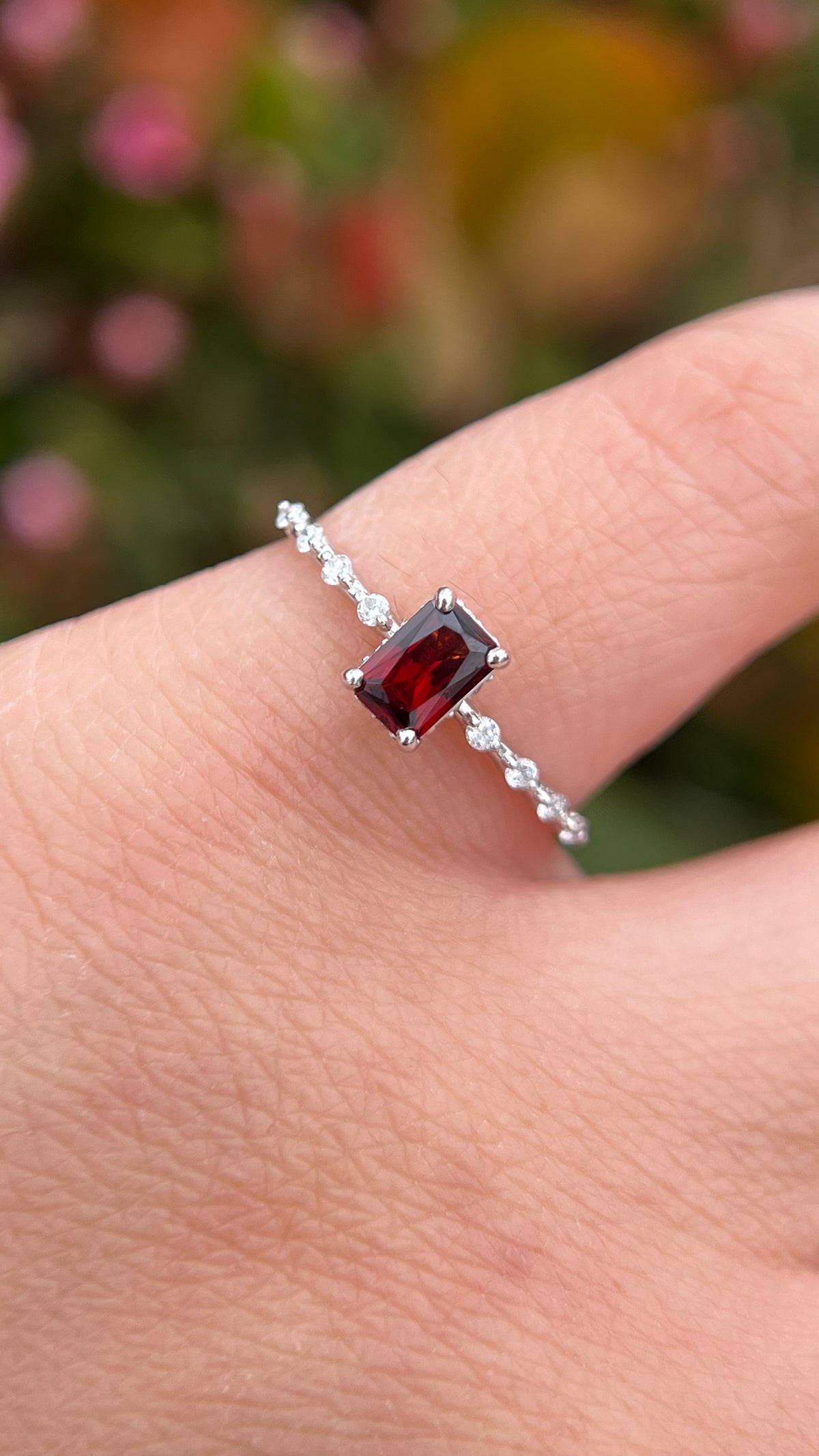 Bella 6x4mm 0.50ct Radiant Cut Garnet Underhalo Spaced Diamond Ring 14K Gold DFR047