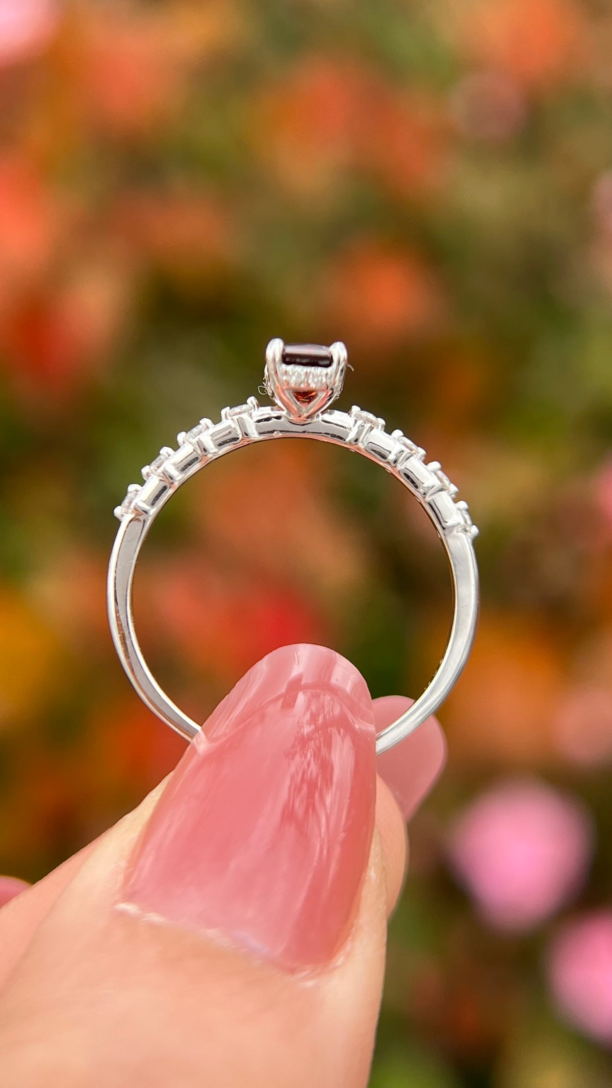 Bella 6x4mm 0.50ct Radiant Cut Garnet Underhalo Spaced Diamond Ring 14K Gold DFR047