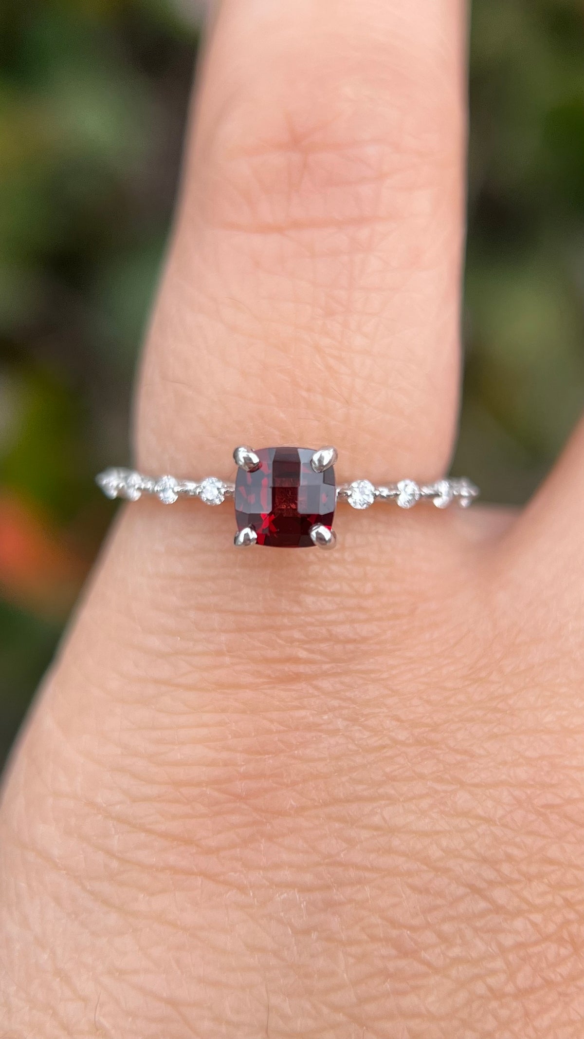 Bella 5mm 0.70ct Checkered Cushion Garnet Spaced Diamond Ring 14K Gold DFR046