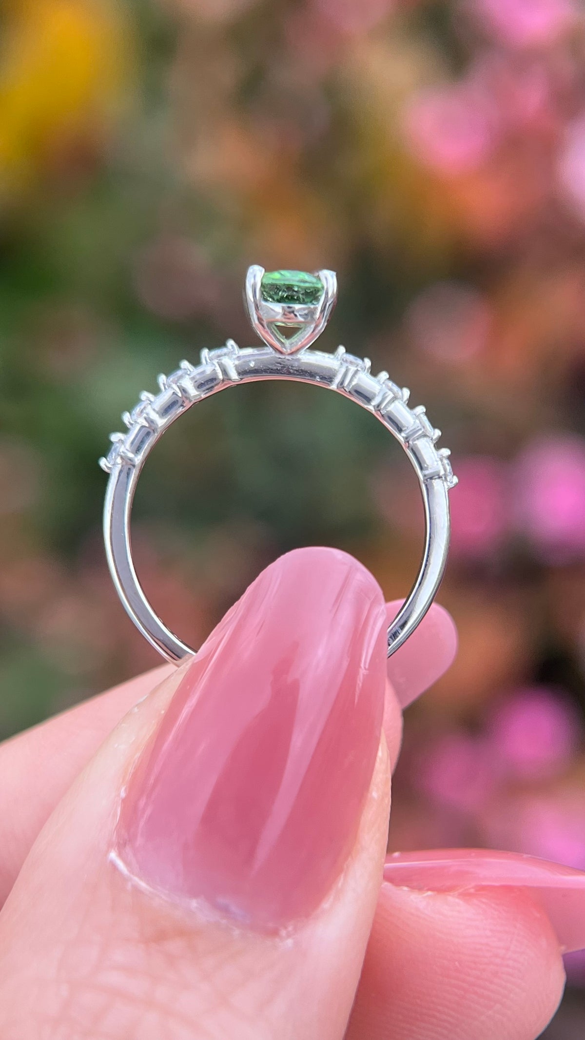 Bella 7x5mm 0.55ct Oval Green Tourmaline Spaced Diamond Ring 14K Gold DFR062