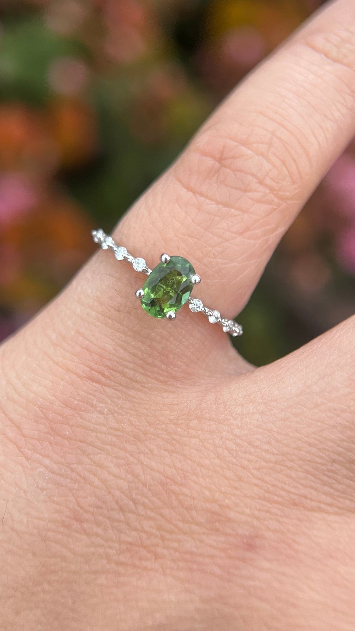 Bella 7x5mm 0.55ct Oval Green Tourmaline Spaced Diamond Ring 14K Gold DFR062