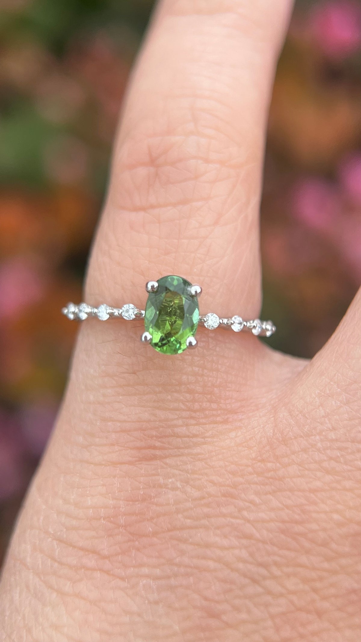 Bella 7x5mm 0.55ct Oval Green Tourmaline Spaced Diamond Ring 14K Gold DFR062