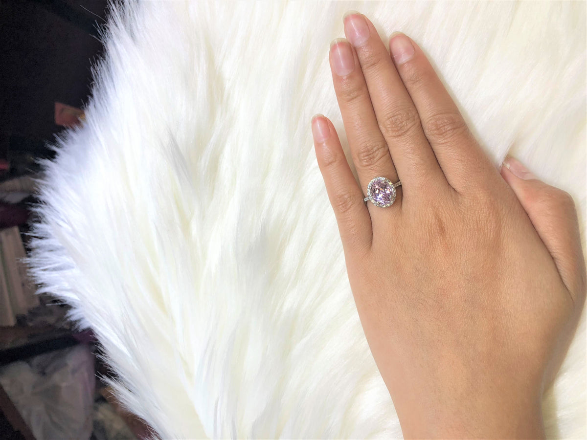 2.53 CT Oval Kunzite Diamond Ring 0.62 CT TW Diamonds 14K White Gold KZR002 - NorthandSouthJewelry