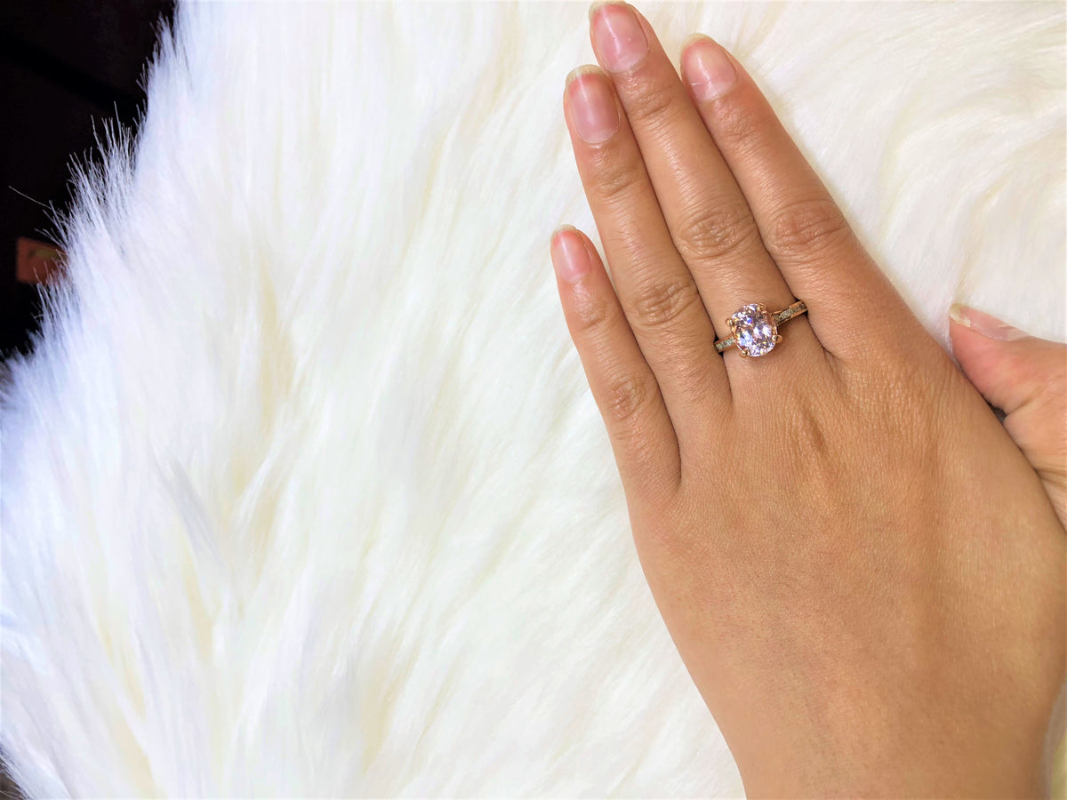 3.24 CT Oval Kunzite Diamond Ring 0.31 CT TW Diamonds 14K Rose Gold KZR003 - NorthandSouthJewelry