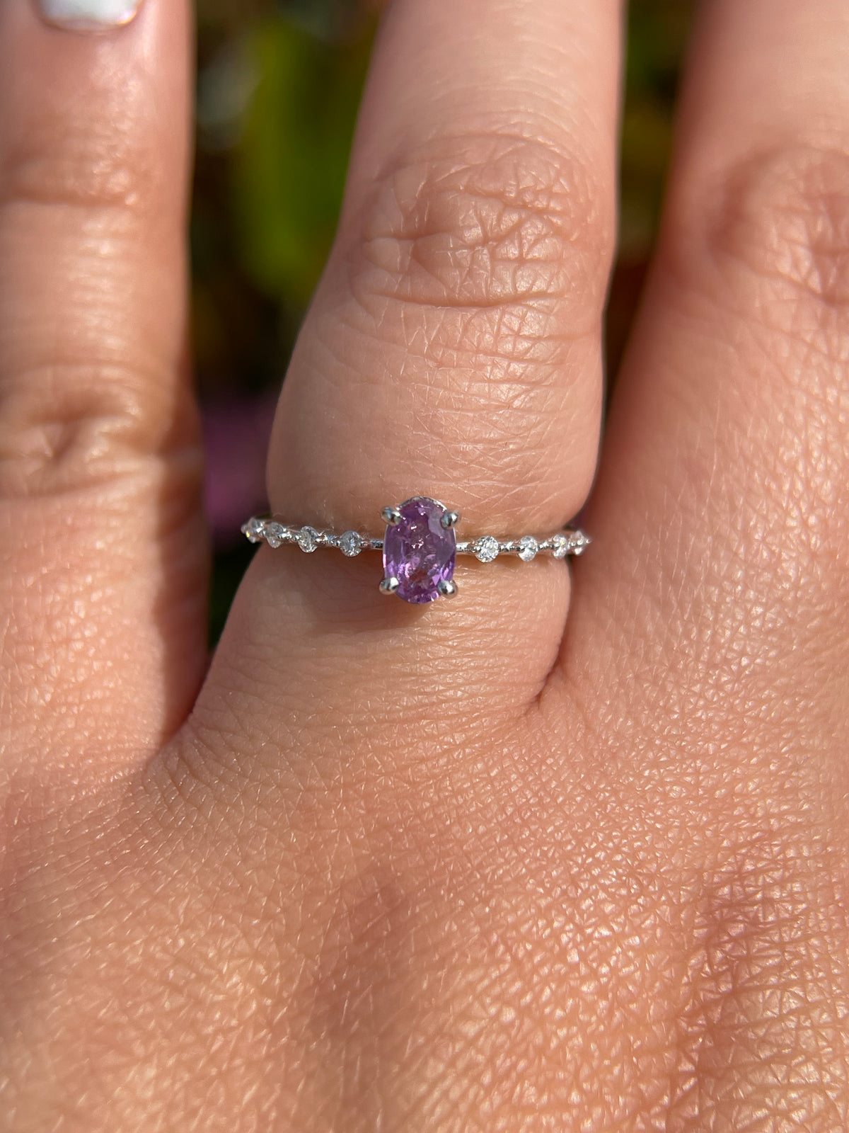 Bella 6x4mm 0.50ct Oval Lavender Sapphire Spaced Diamond Ring 14K Gold DFR012