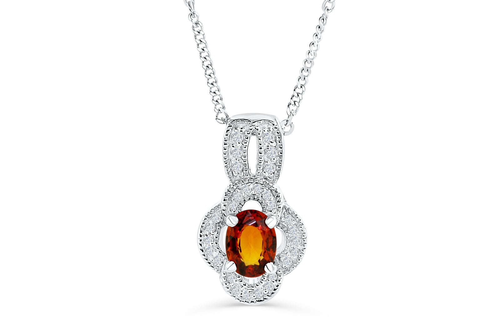 0.96 CT Pave Clover Oval Cut Mandarin Garnet Diamond Pendant 0.13 CT TW 14K White Gold MGPEN001 - NorthandSouthJewelry