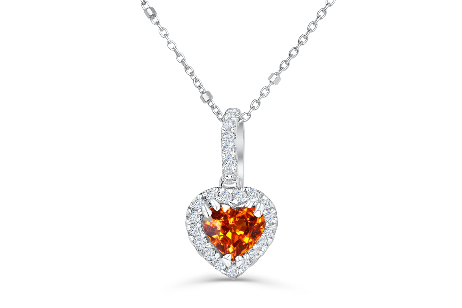 1.03 CT Pave Heart Shape Mandarin Garnet Diamond Pendant 0.25 CT TW 14K White Gold MGPEN002 - NorthandSouthJewelry