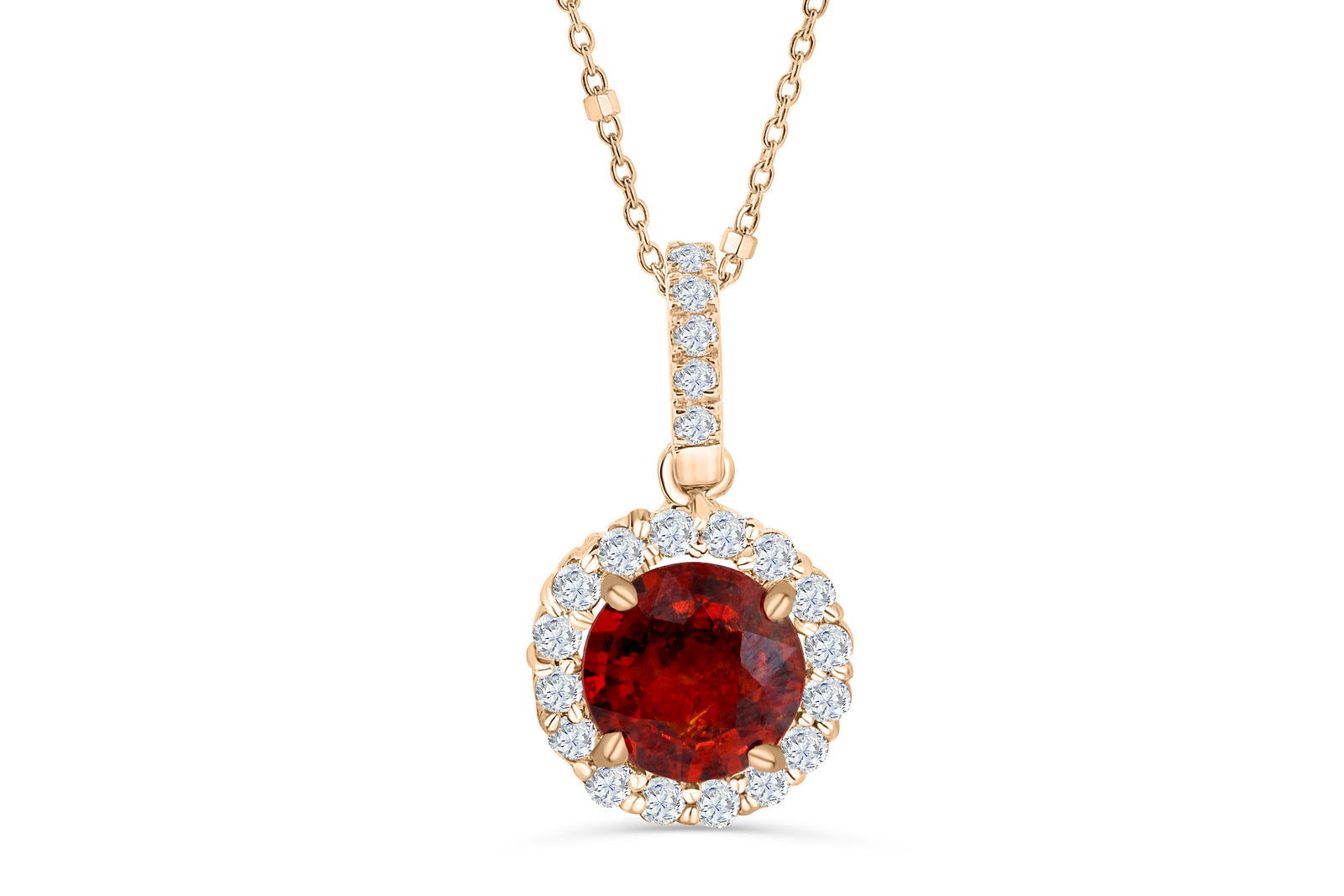 2.55 CT Halo Round Cut Mandarin Garnet Diamond Pendant 0.45 CT TW 14K Rose Gold MGPEN003 - NorthandSouthJewelry