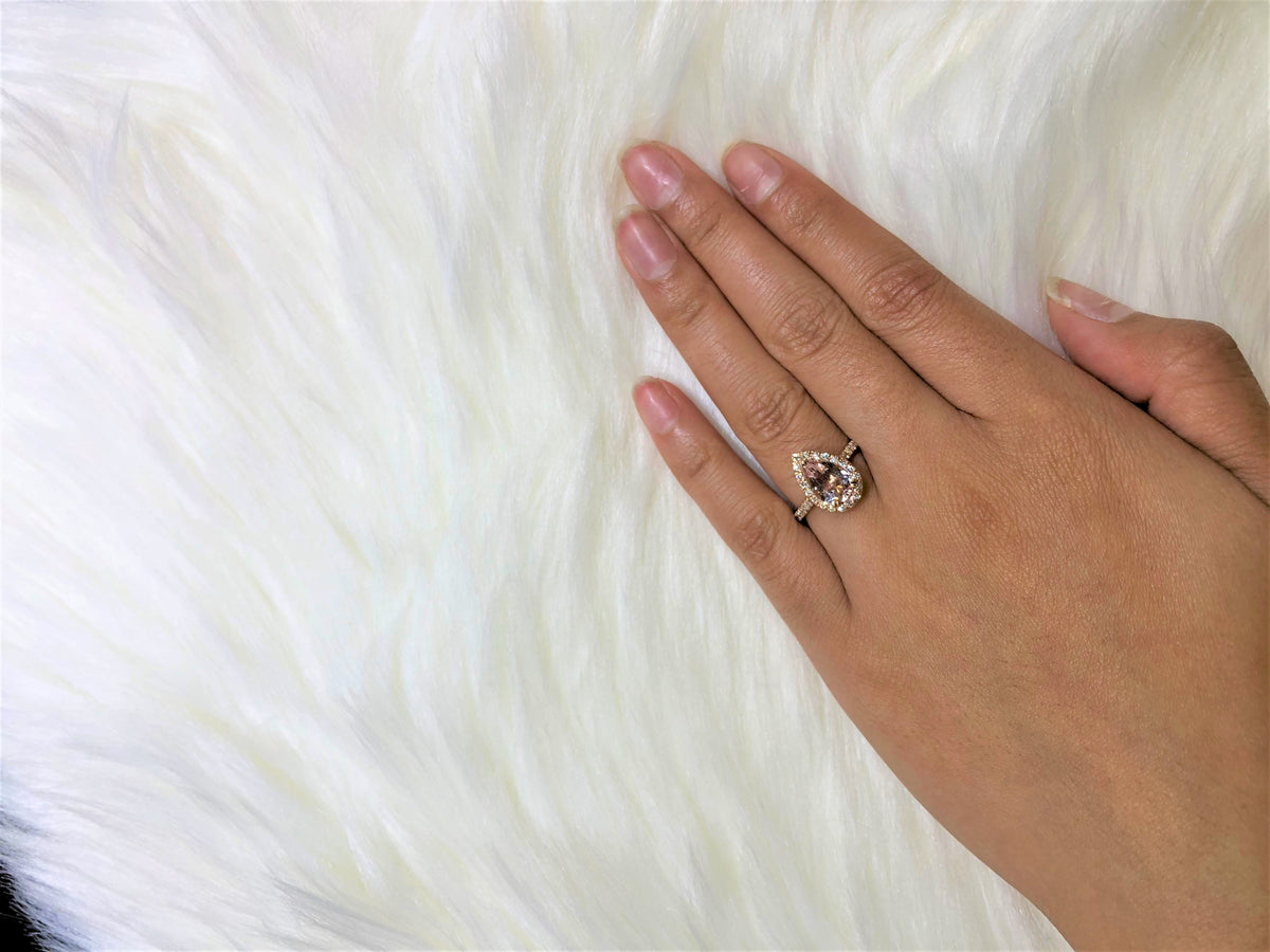 1.57 CT Pear Morganite Diamond Ring 0.45 CT TW Diamonds 14K Rose Gold MGR003 - NorthandSouthJewelry