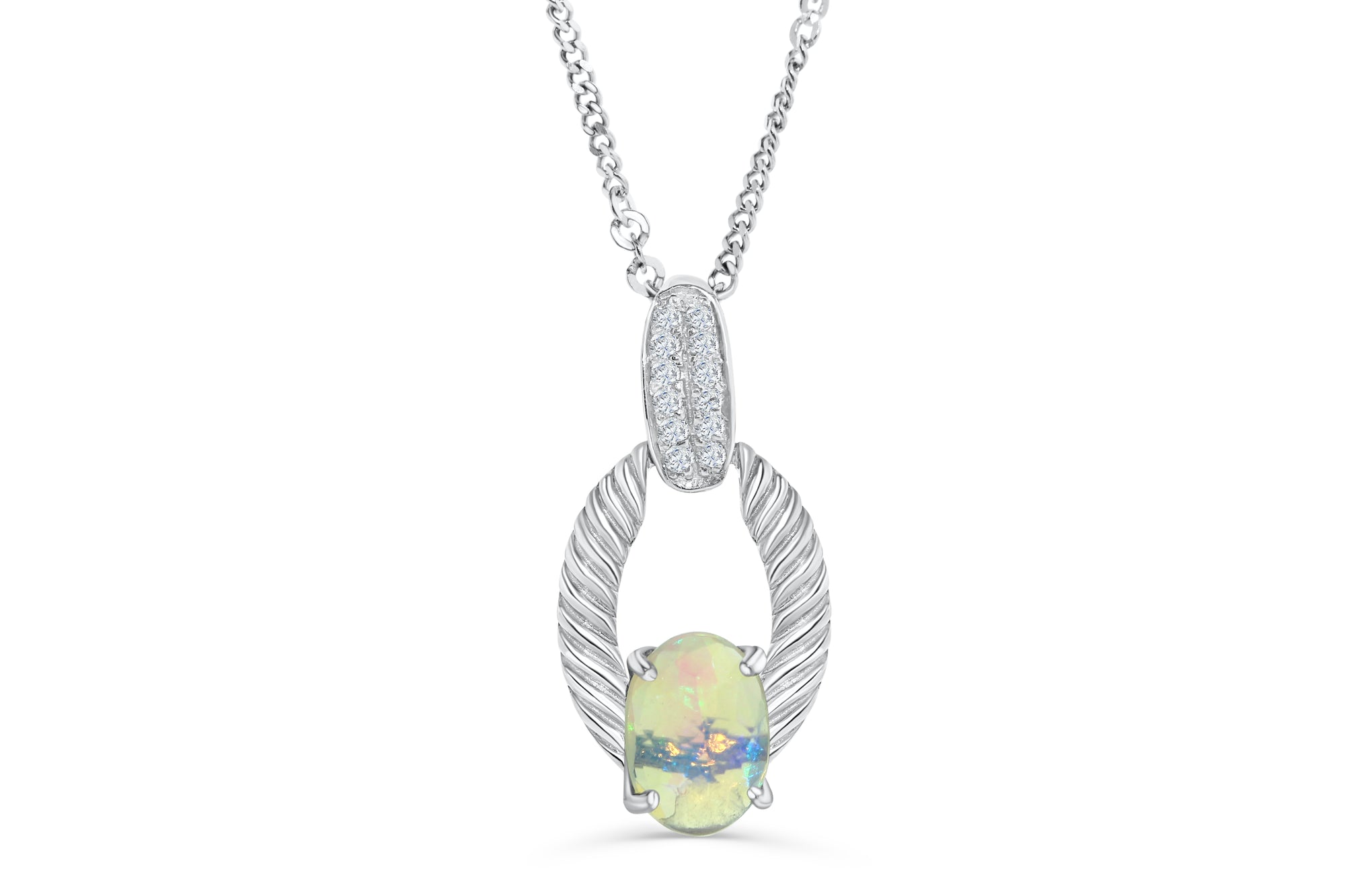 0.77 CT Oval Opal Diamond Pendant 0.26 CT TW 14K White Gold OPEN006 - NorthandSouthJewelry