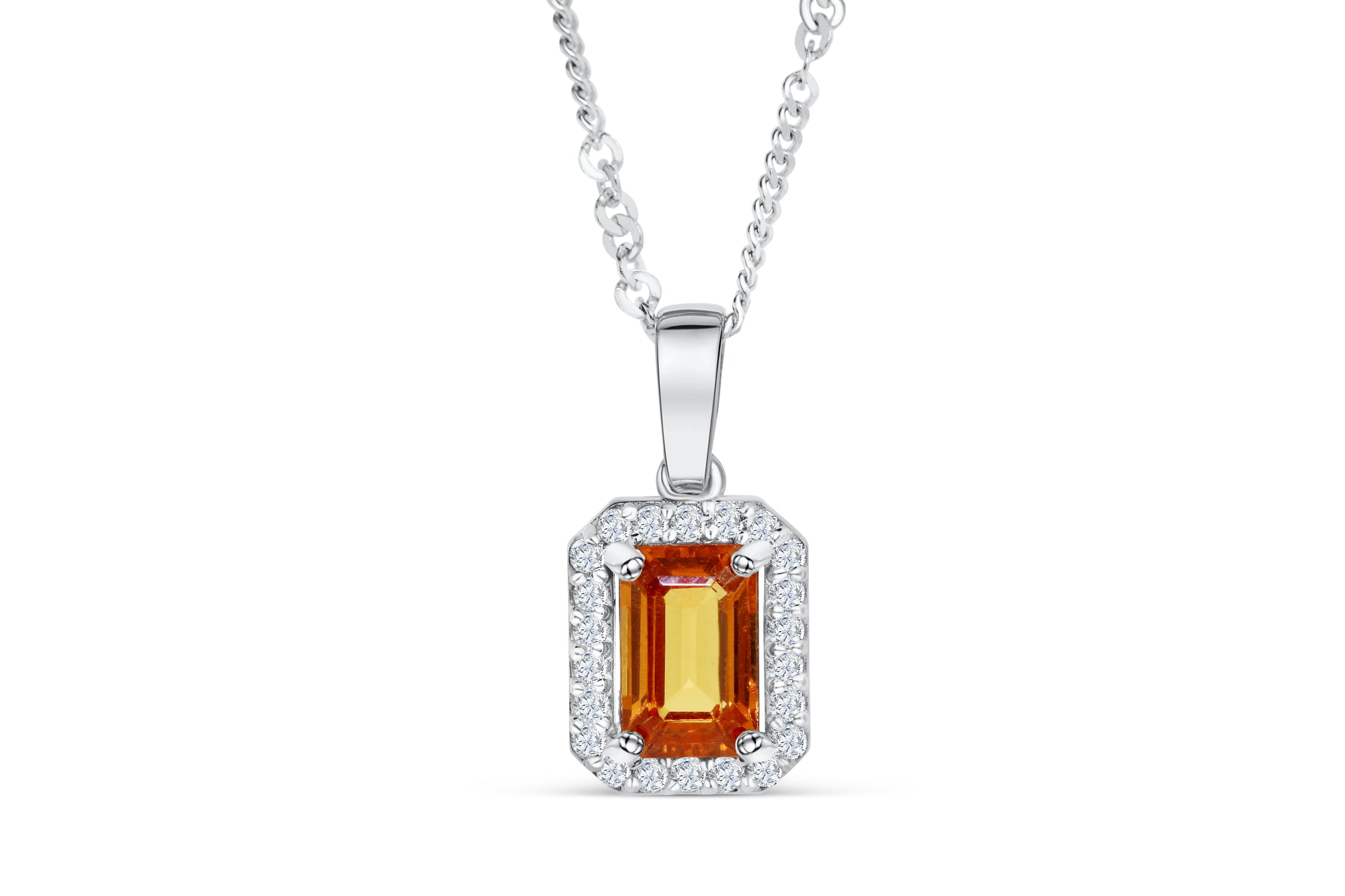 1.38 CT Pave Halo Emerald Cut Orange Sapphire Diamond Pendant 0.20 CT 14K White Gold OSPEN002 - NorthandSouthJewelry