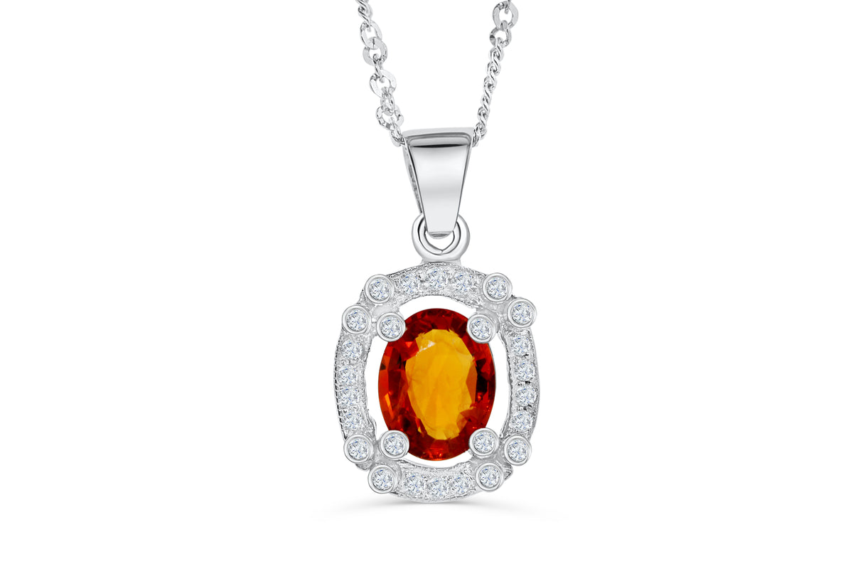 2.10 CT Pave Halo Oval Cut Orange Sapphire Diamond Pendant 0.29 CT TW 14K White Gold OSPEN003 - NorthandSouthJewelry