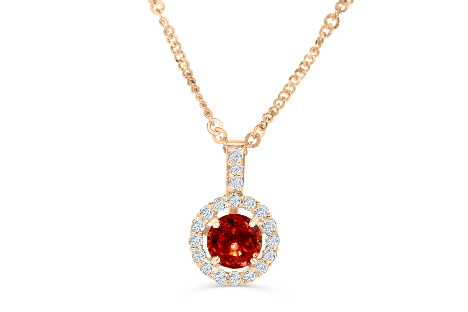 0.82 CT Pave Halo Round Cut Orange Sapphire Diamond Pendant 0.21 CT TW 14K Rose Gold OSPEN007 - NorthandSouthJewelry