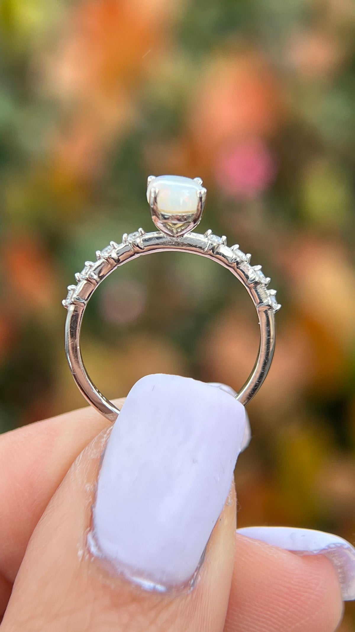 Bella 7x5mm 0.60ct Oval White Opal Spaced Diamond Ring 14K Gold DFR028