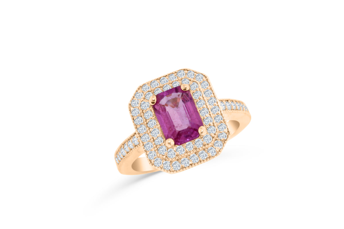 1.45 CT Emerald Cut Pink Sapphire Diamond Ring 0.63 CT TW 14K Rose Gold PSR006 - NorthandSouthJewelry