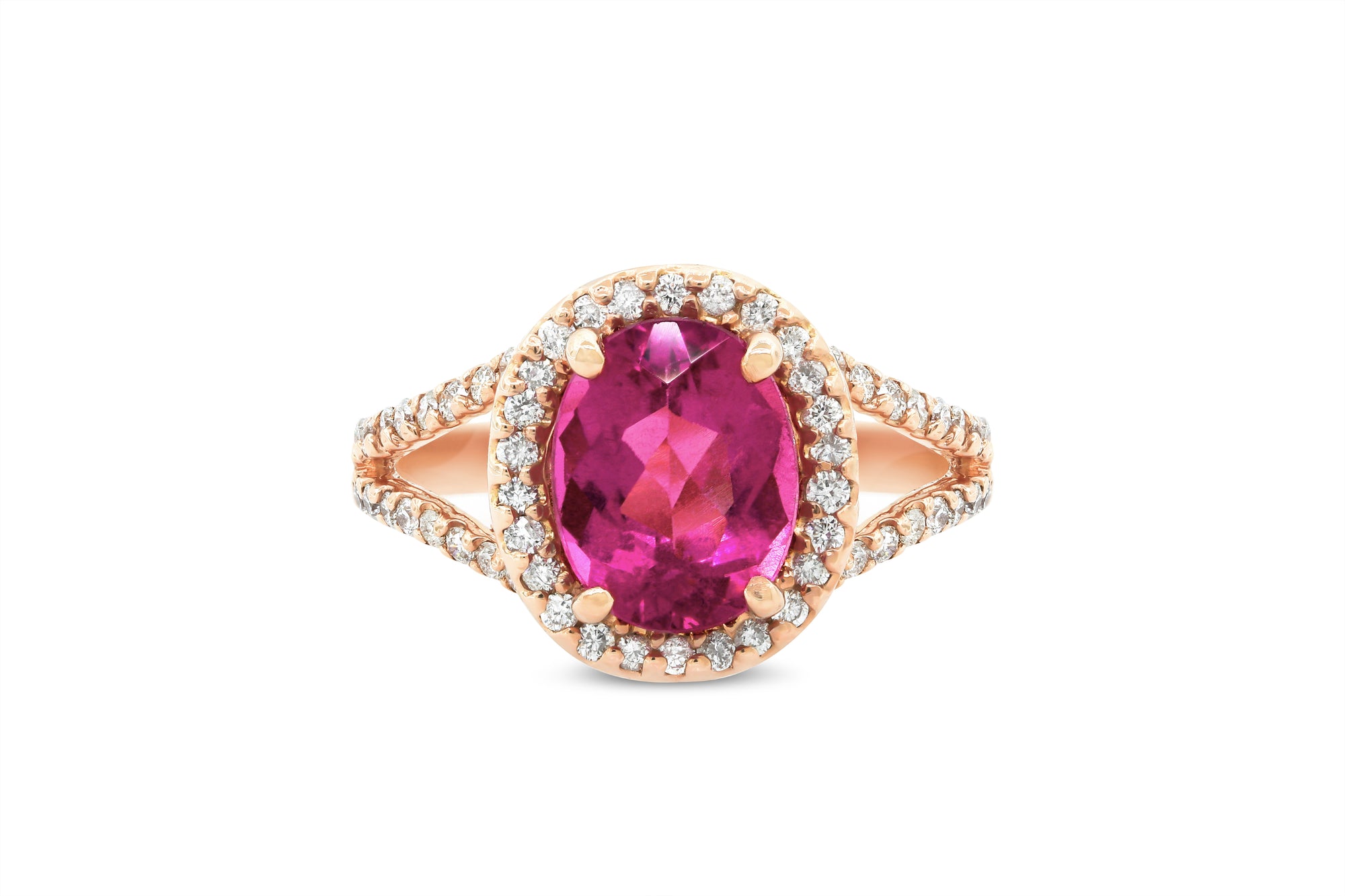 2.07 CT Oval Pink Tourmaline V Split Diamond Ring 0.63 CT TW 14K Rose Gold PTR004 - NorthandSouthJewelry