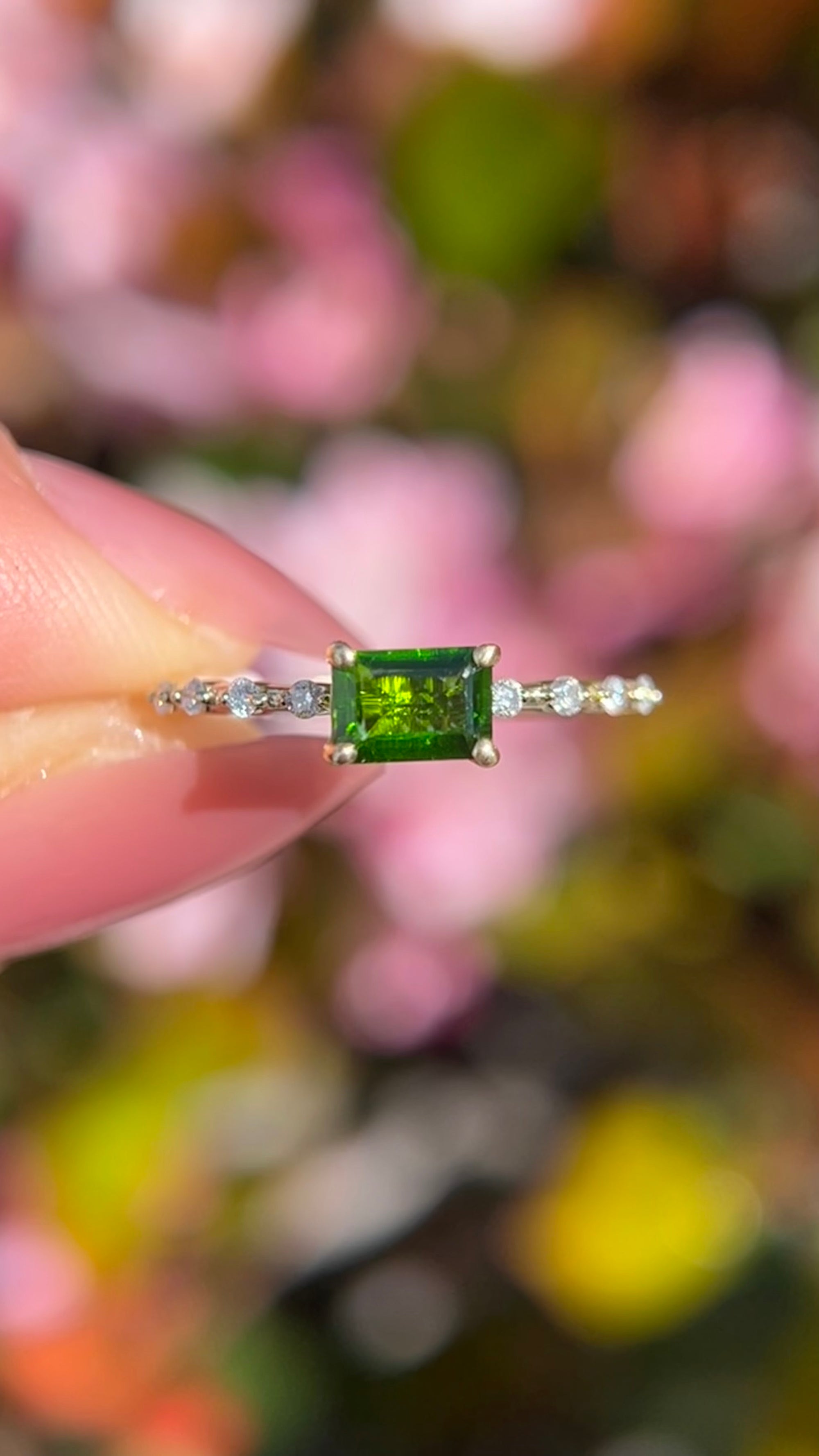 Bella 6x4mm 0.50ct East-West Emerald Cut Chrome Diopside Spaced Diamond Ring 14K Gold DFR060