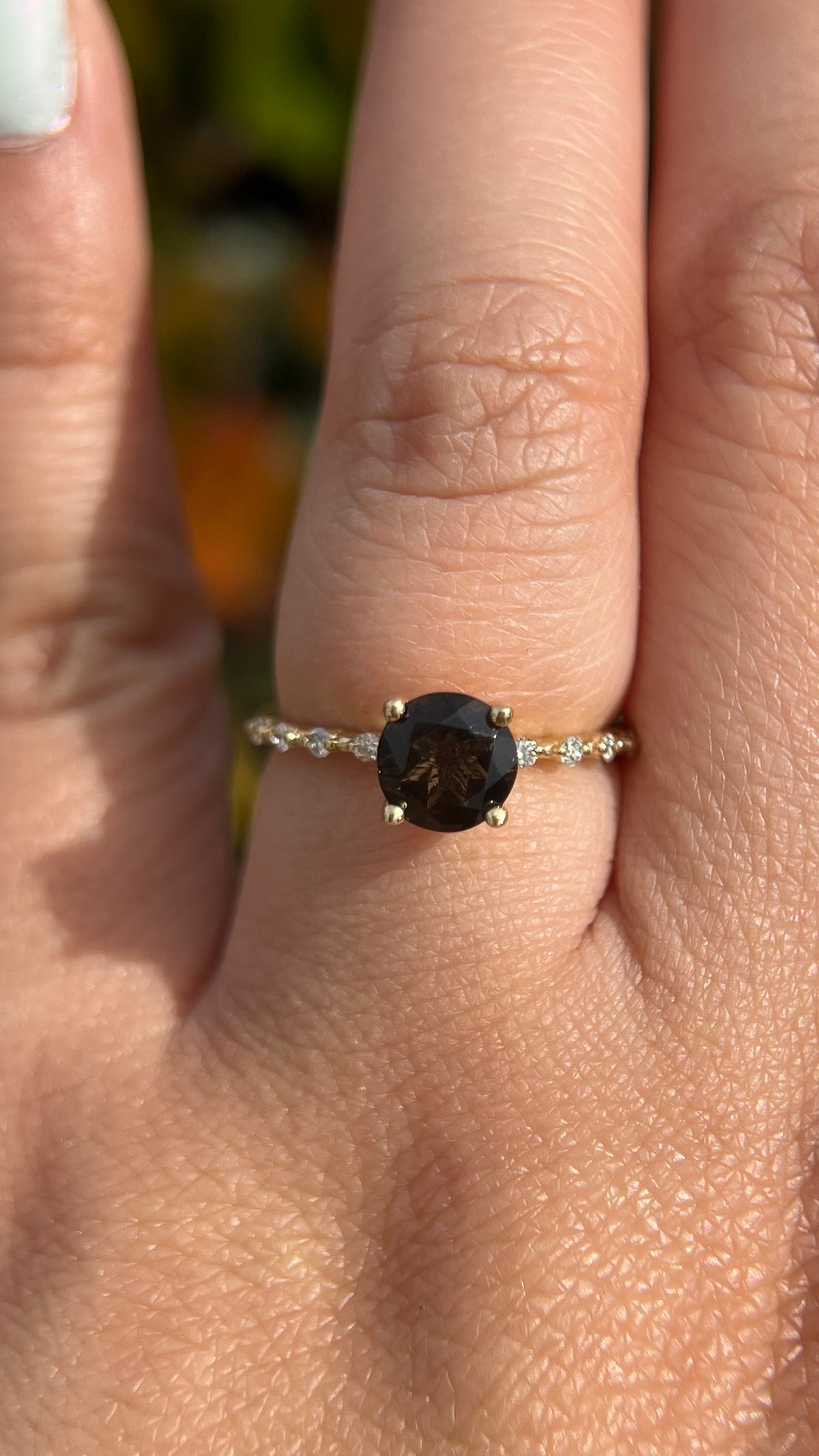 Bella 6.5mm 0.90ct Round Smoky Topaz Spaced Diamond Ring 14K Gold DFR020