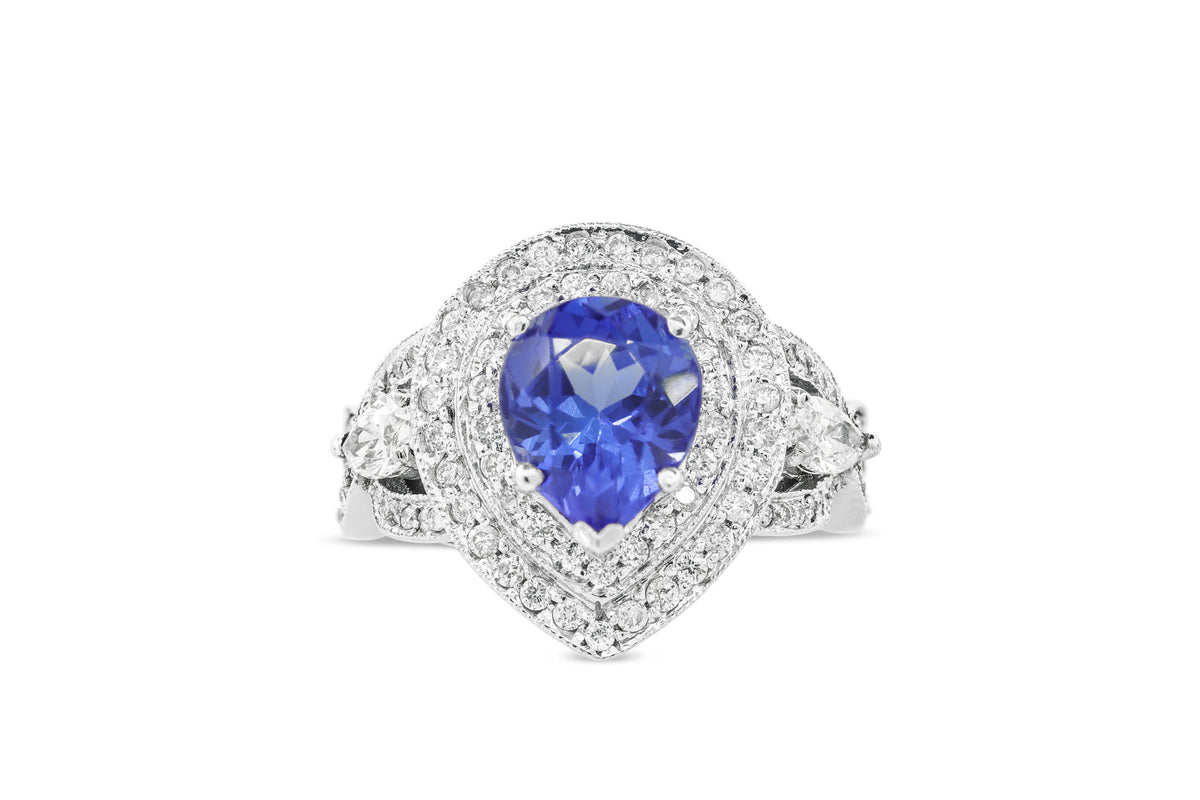2.30 CT Pear Cut Tanzanite Diamond Ring 1.27 CT TW 14K White Gold TZR012 - NorthandSouthJewelry