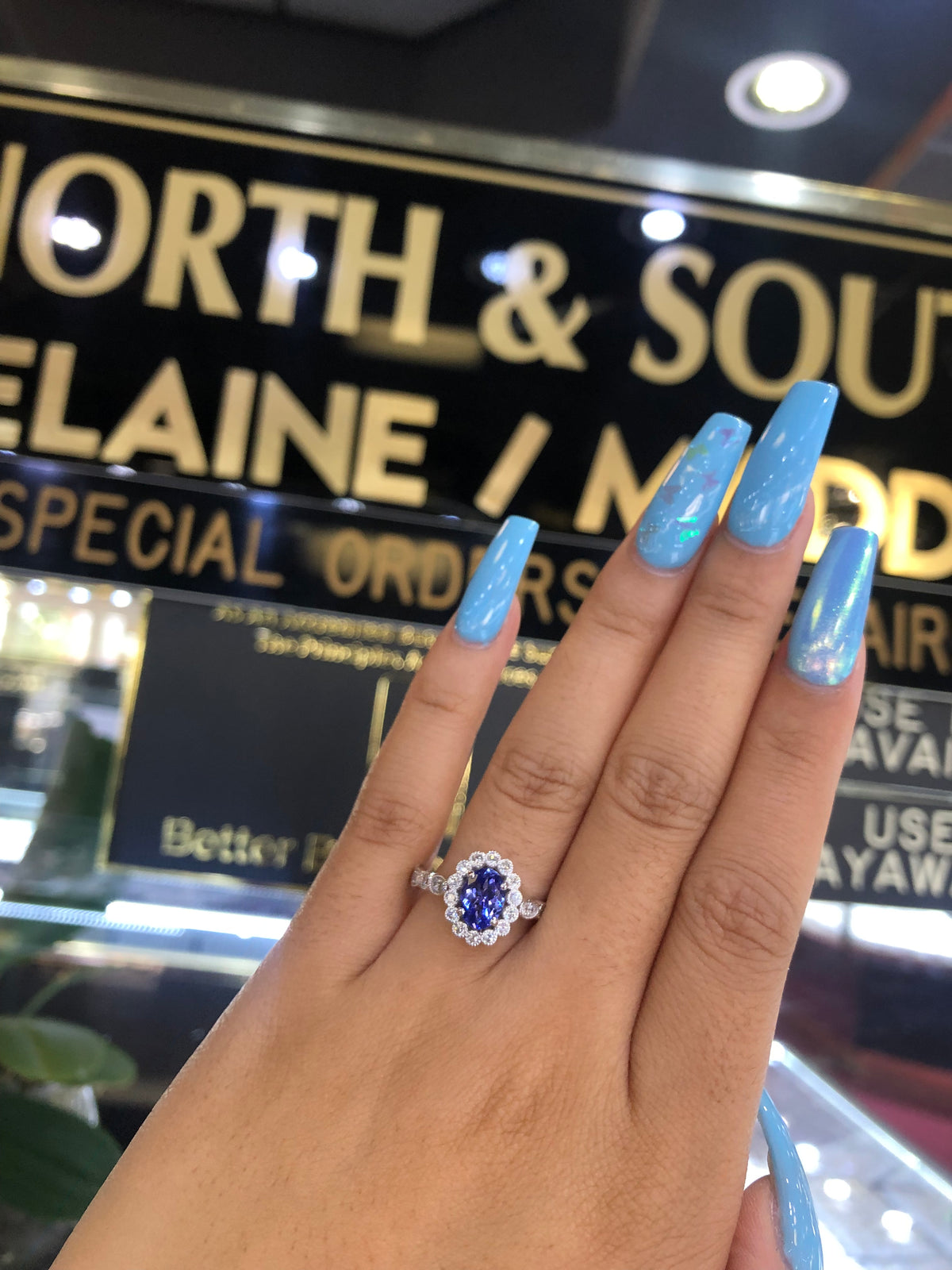 0.97 CT Oval Tanzanite Diamond Ring 0.45 CT TW 14K White Gold TZR017 - NorthandSouthJewelry