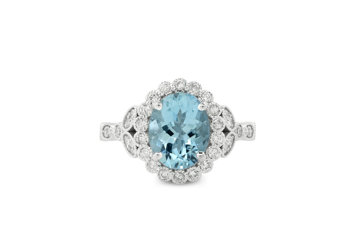 2.20 Oval Aquamarine Diamond Ring 0.60 CT TW 14K White Gold AQMR001 - NorthandSouthJewelry